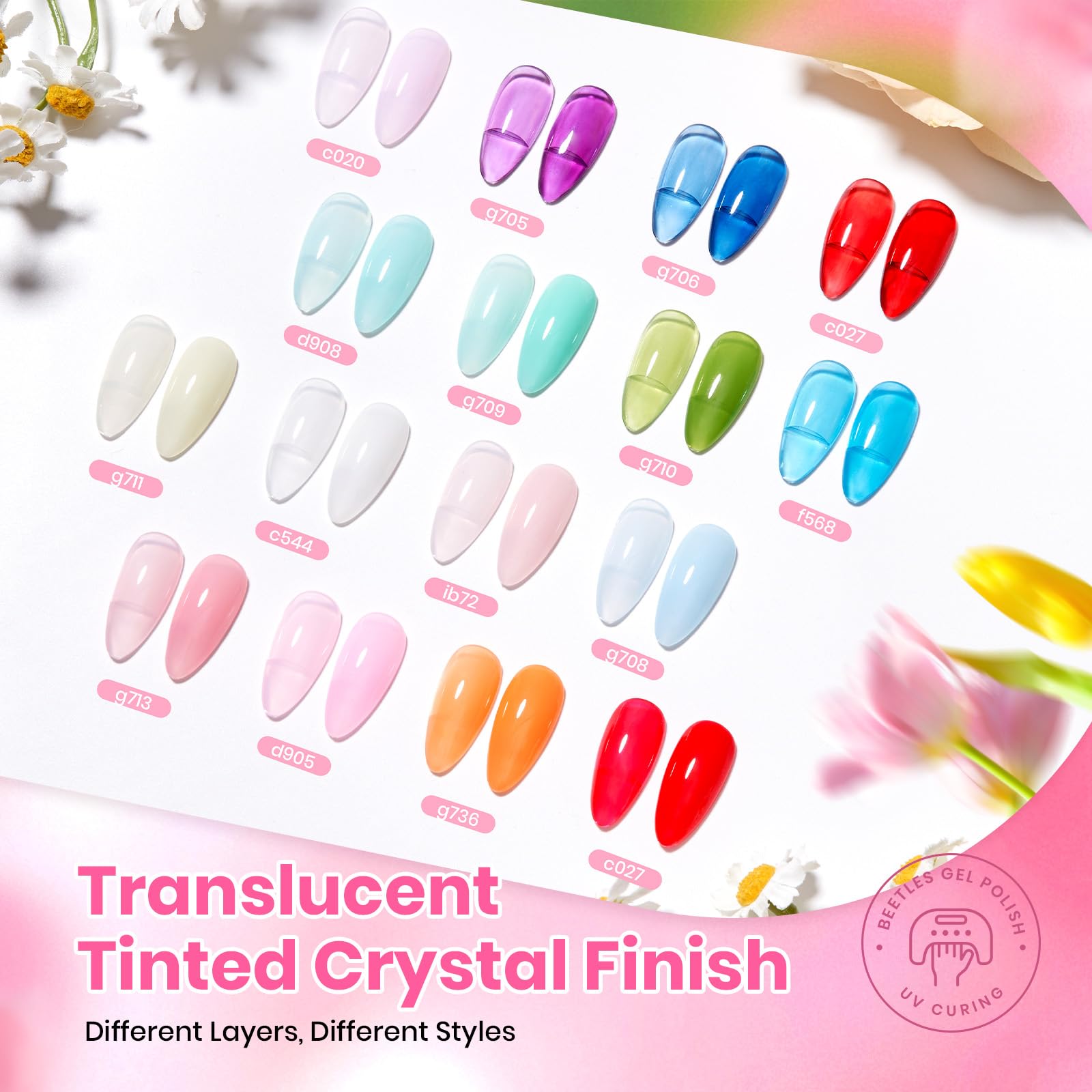 Beetles Gel Nail Polish Set - 36 Colors Dewdrop Flora Gel Nail Kit Jelly Pink Milky White Yellow Purple Green Natural Classic Color Set
