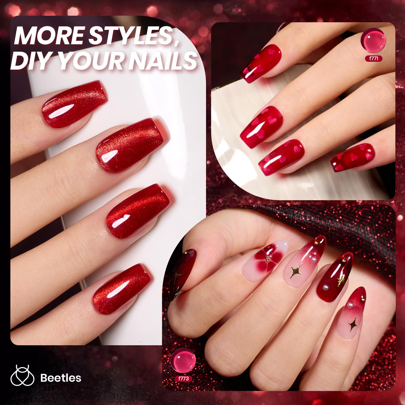 Beetles Gel Polish Luminous Ruby -  Valentines Nails 6 Colors Sheer Red Shimmer Burgundy Jelly Gel Nail Polish Set
