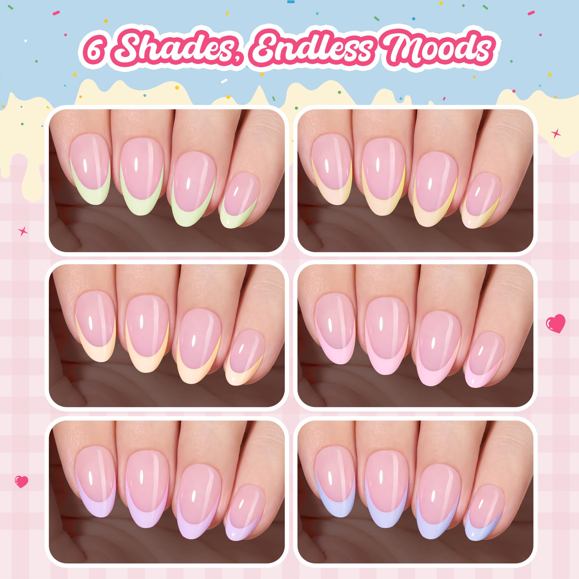 Beetles French Tips Press On Nails, Pastel Spring Nails Short Almond 6 Colors 192 Pcs, Spring Fake Nail Tips