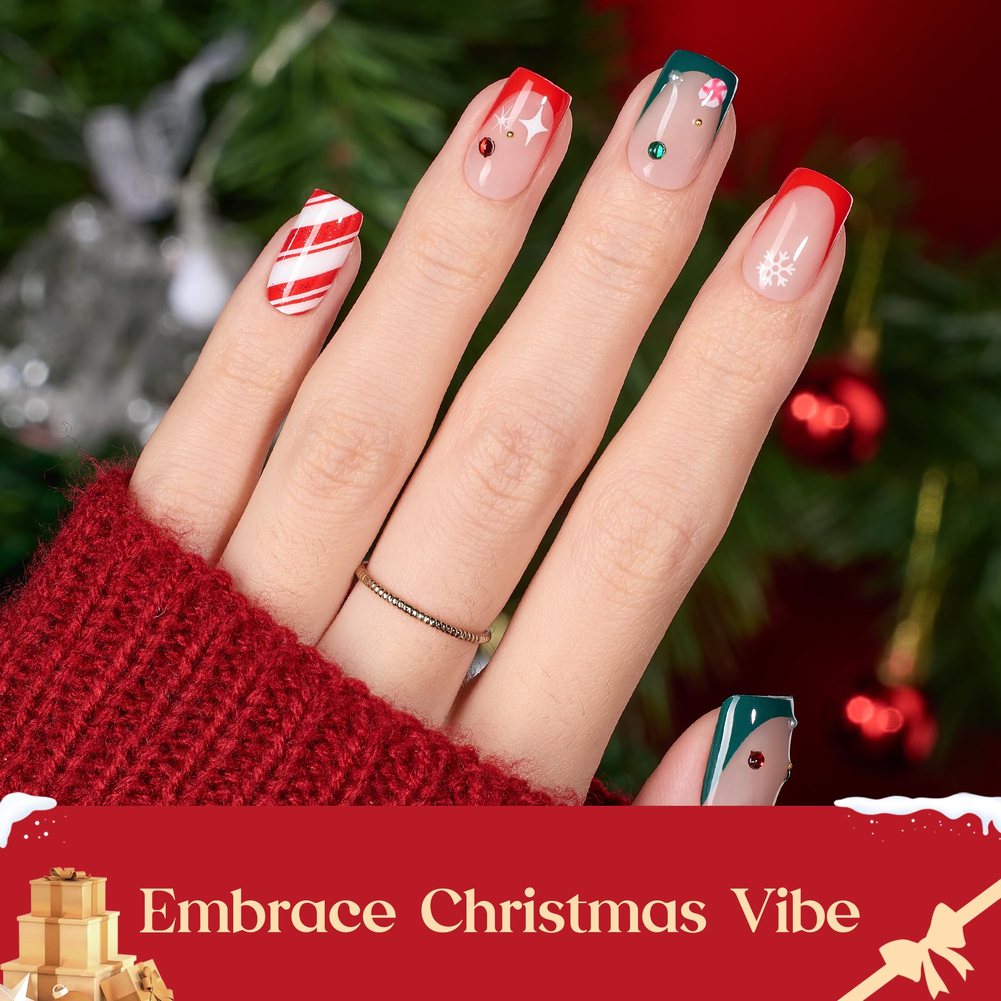 Beetles X Press Plus Gel Nails Kit Christmas Glitz - 7 Desgin Christmas Press On Nails Short Square 224Pcs 16 Sizes