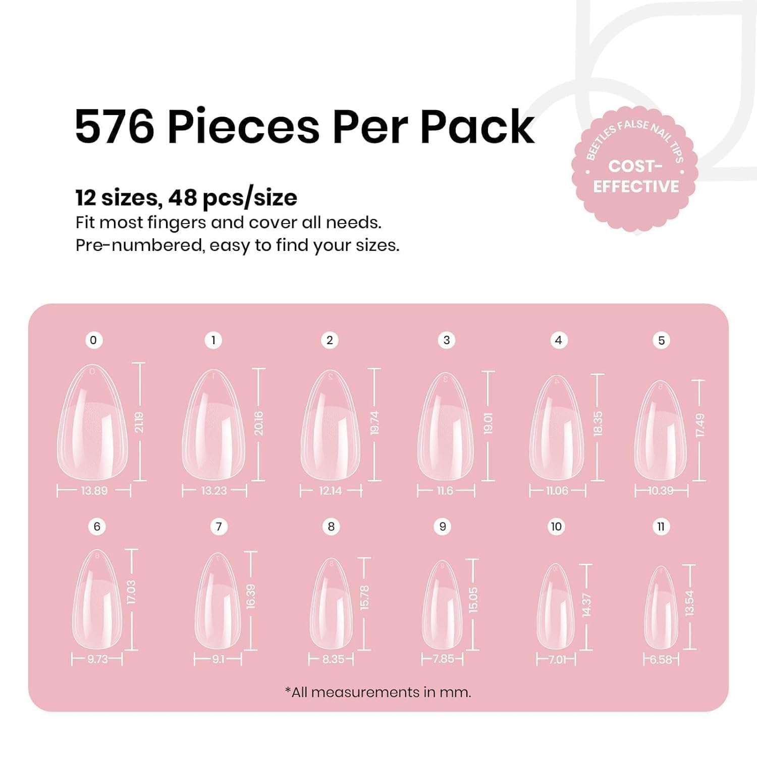 Beetles Gel Nail Tips 12 Sizes 576Pcs Pre-shape Short Almond Tips