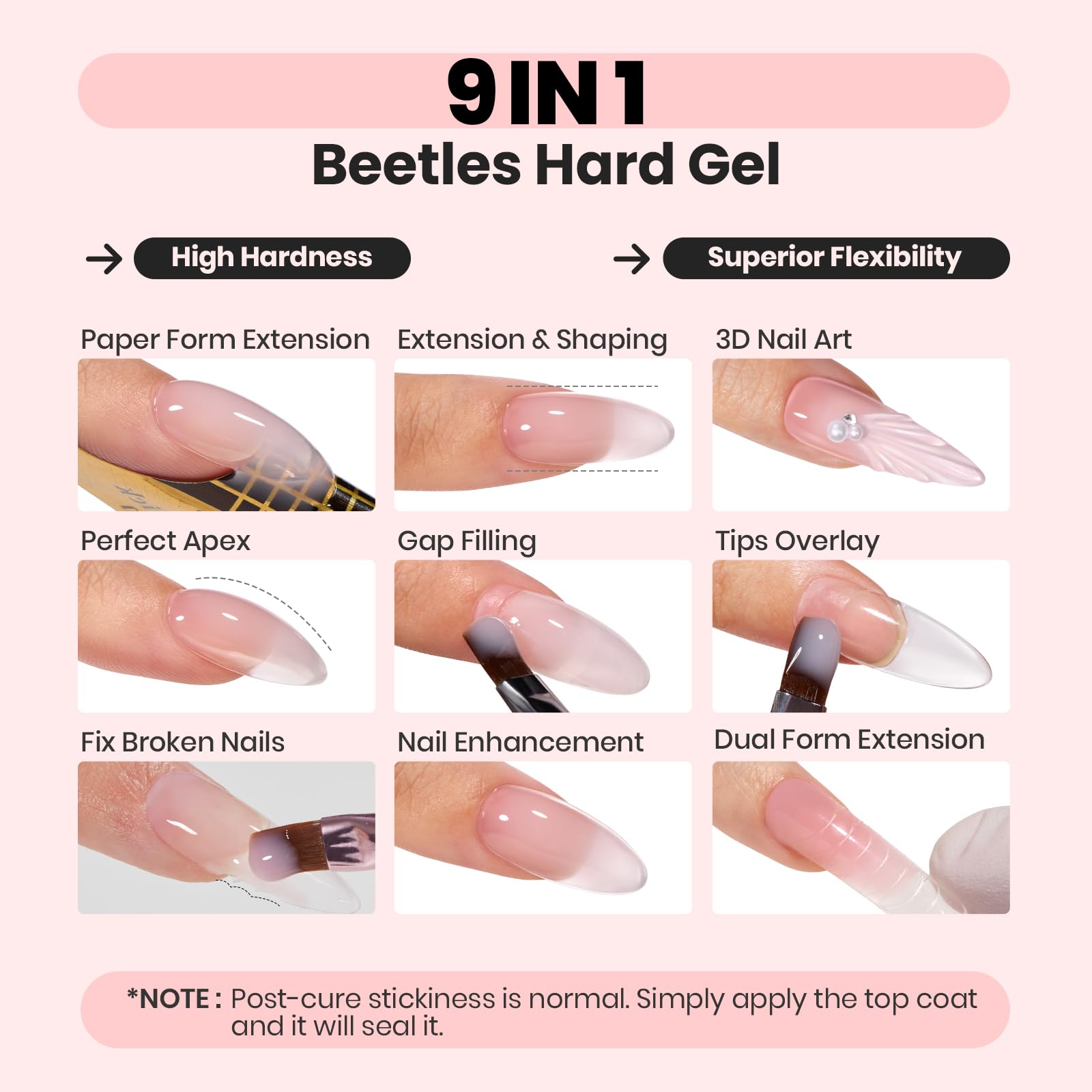 Beetles 9 IN 1 HEMA Free 2 Colors Hard Gel For Nail Extension & Nail with Flat Nail Brush High Hardness Nails