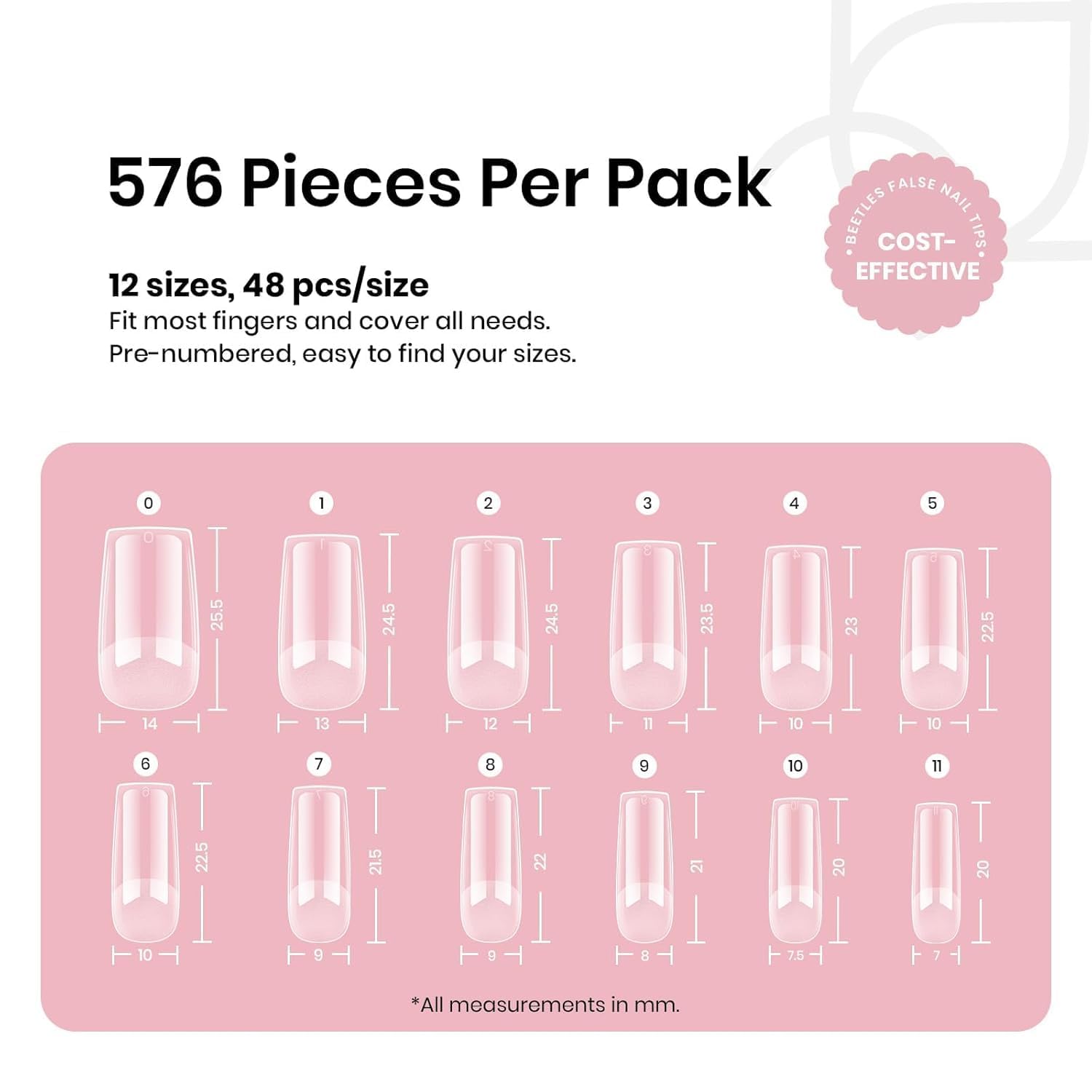 Beetles Nail Tips Medium Square 576Pcs 12 Sizes Pre-Etched Soft Acrylic Tips