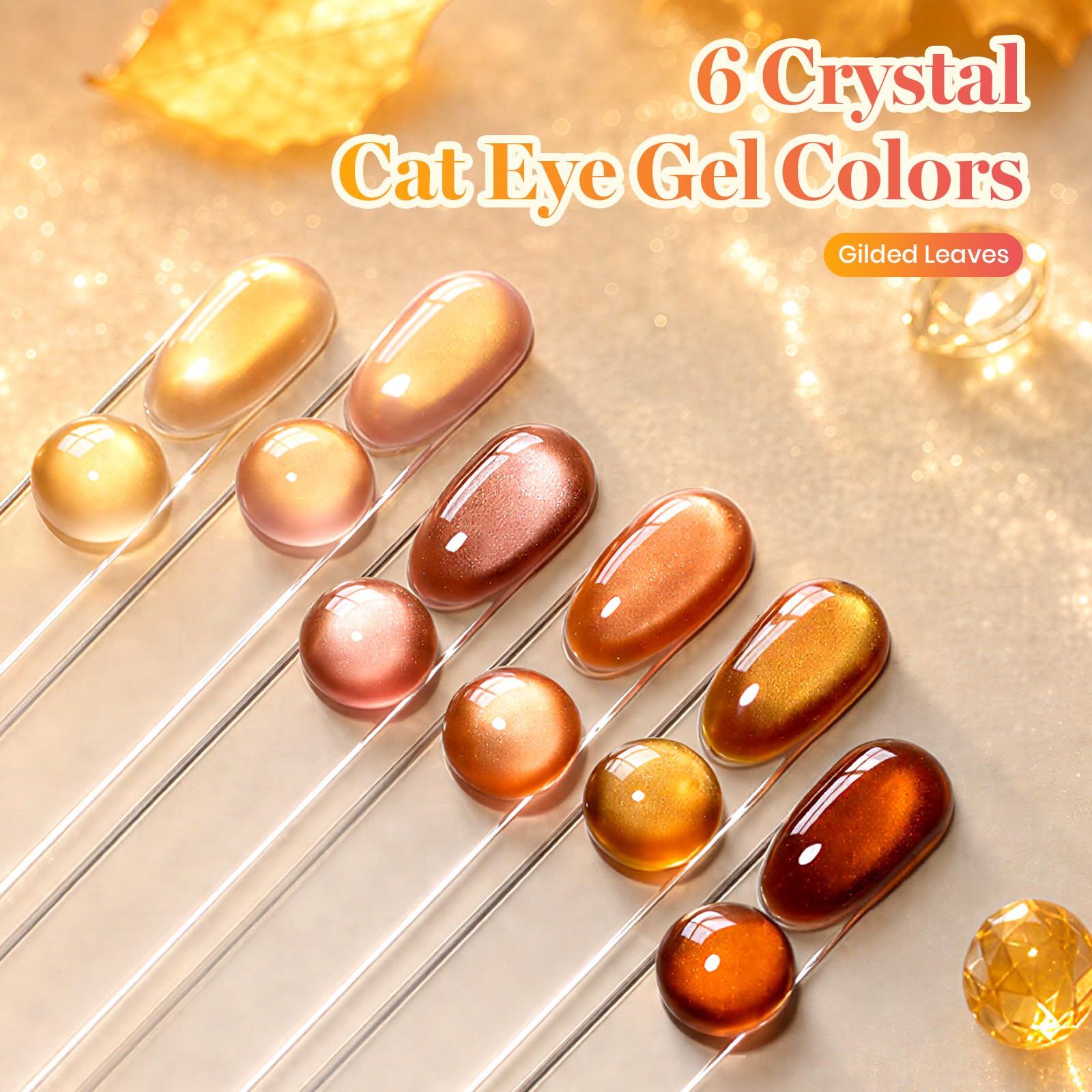 Beetles Gilded Leaves Amber Brown Gold Cat Eye 6 Colors Gel Nail Polish Set Fall Nails