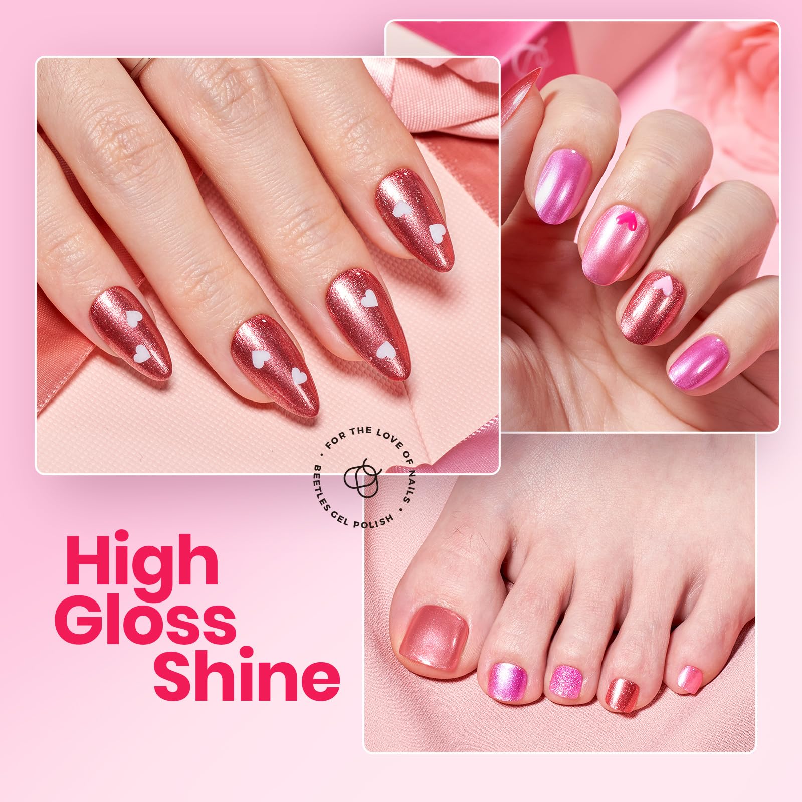 Beetles Valentines Nails Polish Set - Hearts Aflutter 6 Colors Hot Pink Red Light Pink Nail Polish