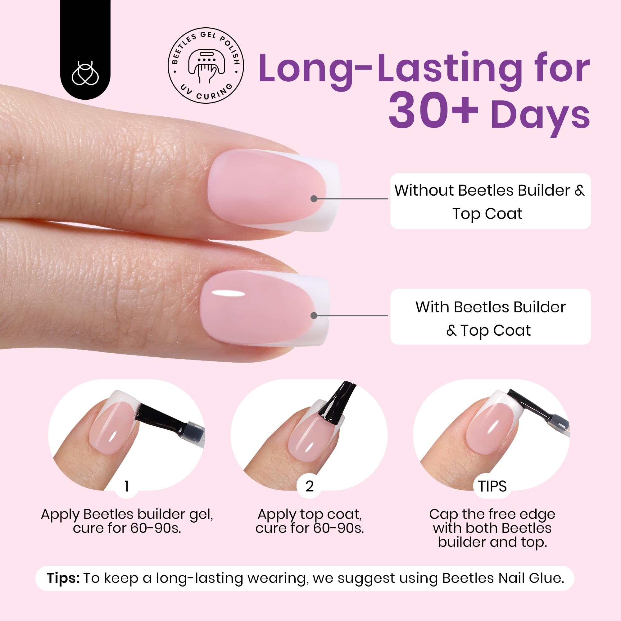 Beetles X Press Plus French Tip Nails Short Square - 16 Sizes 224 Pcs Natural Salon Quality Gel Nail Tips