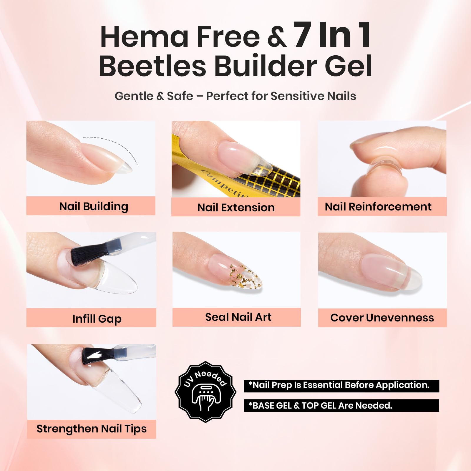 Beetles Builder Gel for Nails HEMA-Free 2 Colors Clear & Jelly Nude Beginners-Friendly