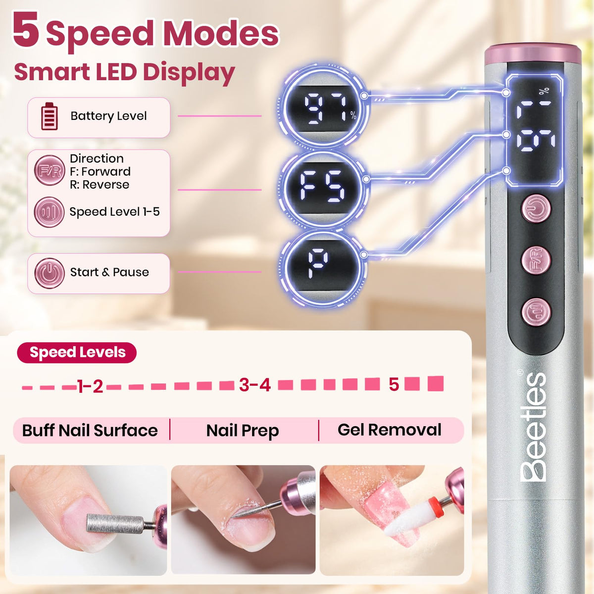 Beetles Nail Drill-Cordless 7 Bits Electric Nail File