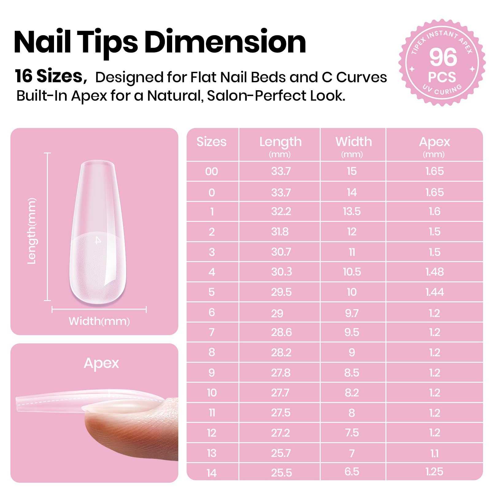 Beetles Tipex Lite Apex Nail Tips - Coffin Long 96pcs 16 Sizes