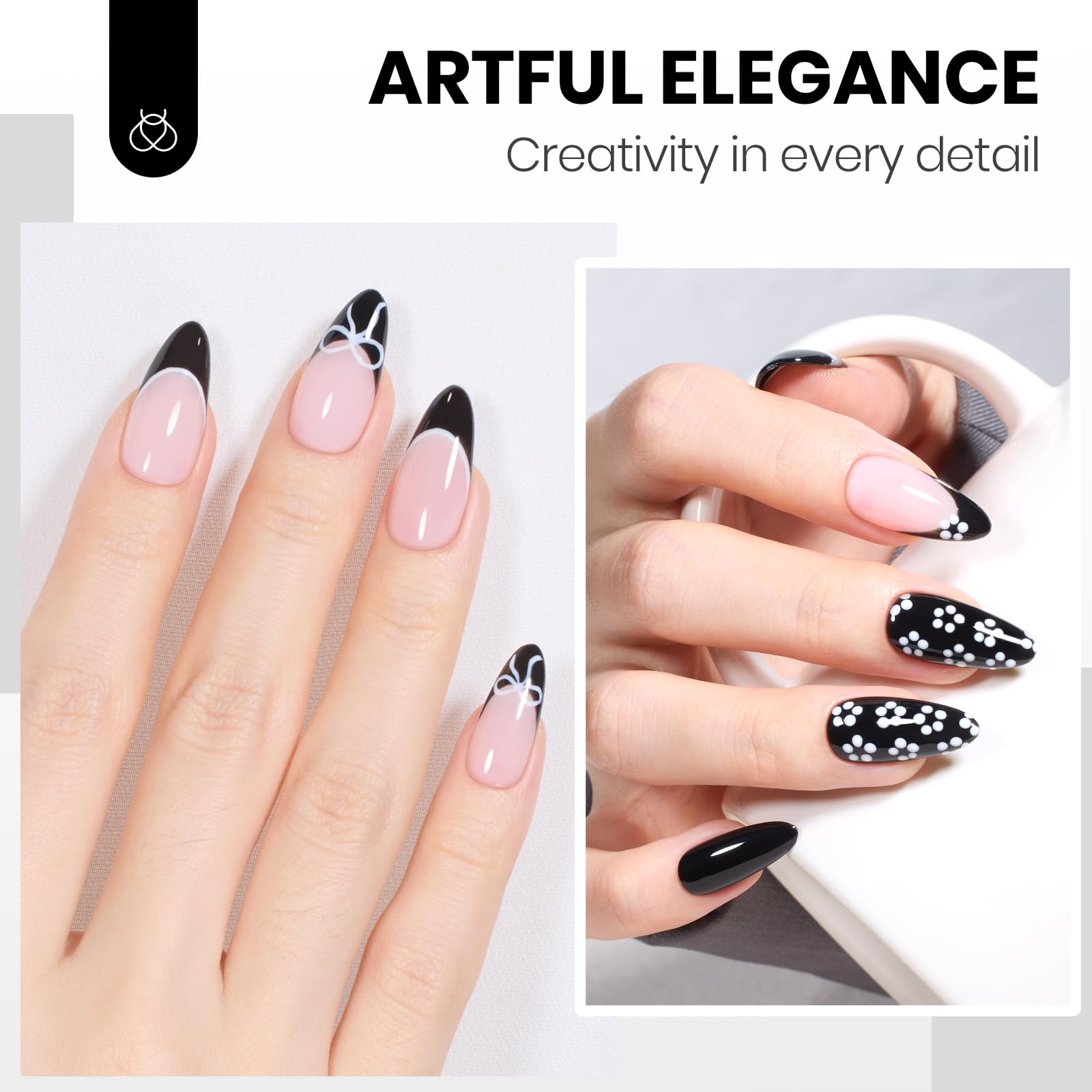 Beetles Black White Gel Polish Kit - Simple Black & White Colors Collection, 2pc 15ML Hema-Free French Nails