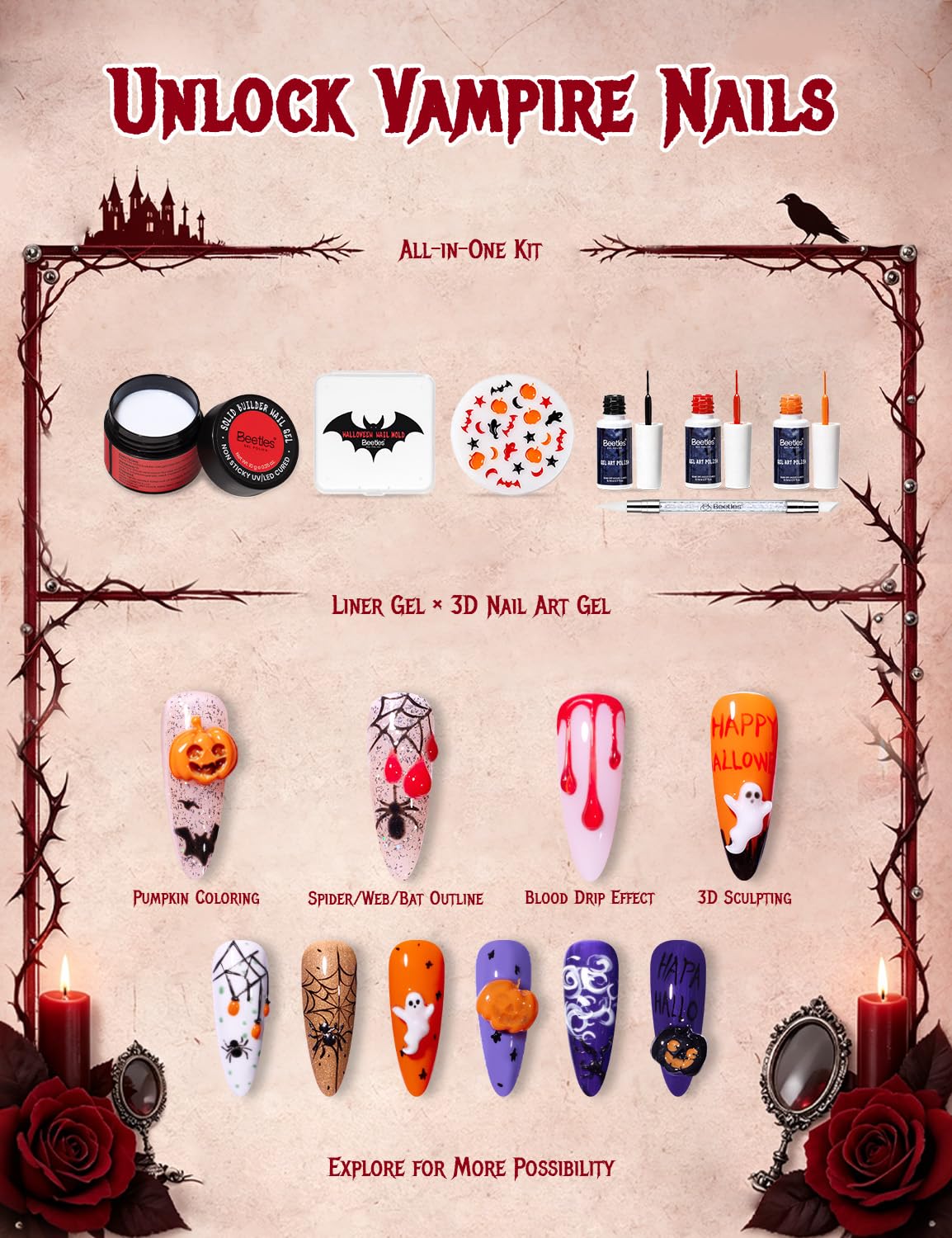 Spooky Bite-Beetles Halloween White 3D Sculpting Gel for Nail Art Solid Builder Nail Gel Kit 2026 Limited Edition