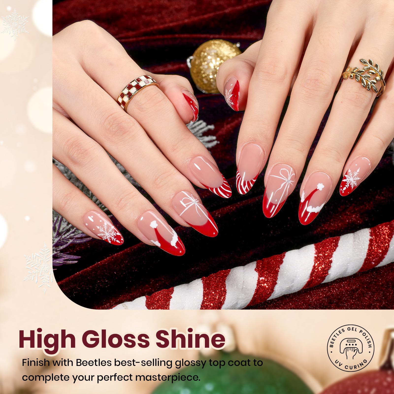 Beetles Christmas Gel Nail Polish Set Candy Cane - 6 Color Burgundy Red Glitter White Silver Winter Snow Holiday Sparkle Manicure Kit
