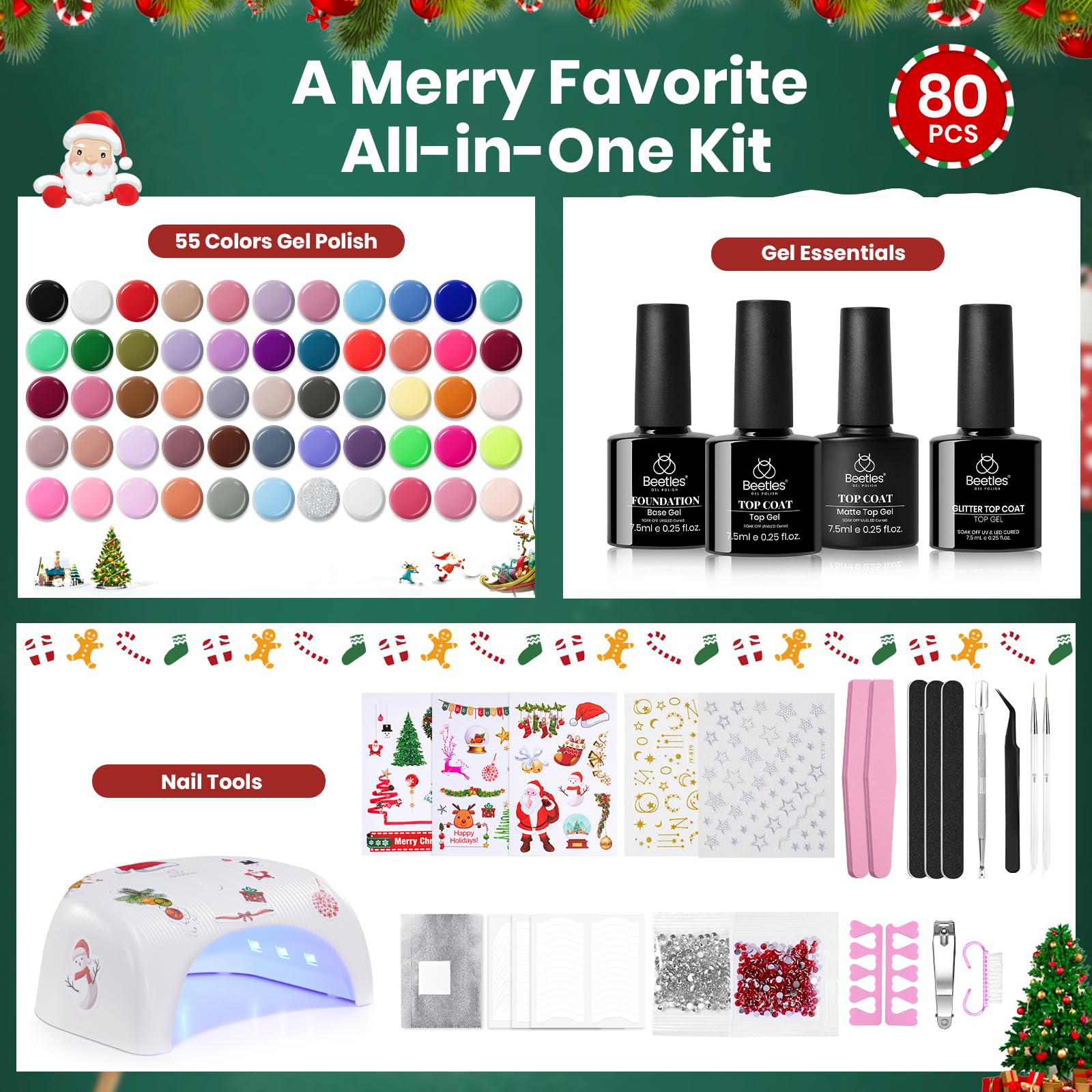 Beetles 82 Pcs Gel Nail Polish Kit with U V Ligh - 55 Color Gel Nail Kit Christmas Gifts