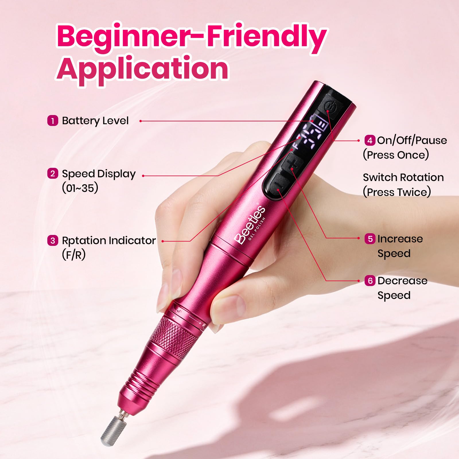 Beetles Electric Cordless Nail Drill Kit 6 Drill Bit 35 Speeds 0-15000 RPM Beginner-Friendly Pink Color