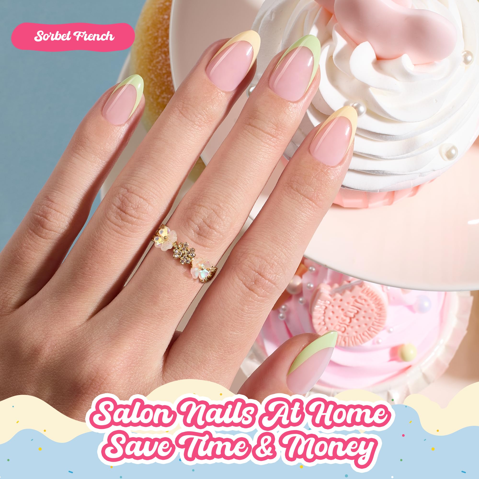 Beetles French Tips Press On Nails, Pastel Spring Nails Short Almond 6 Colors 192 Pcs, Spring Fake Nail Tips