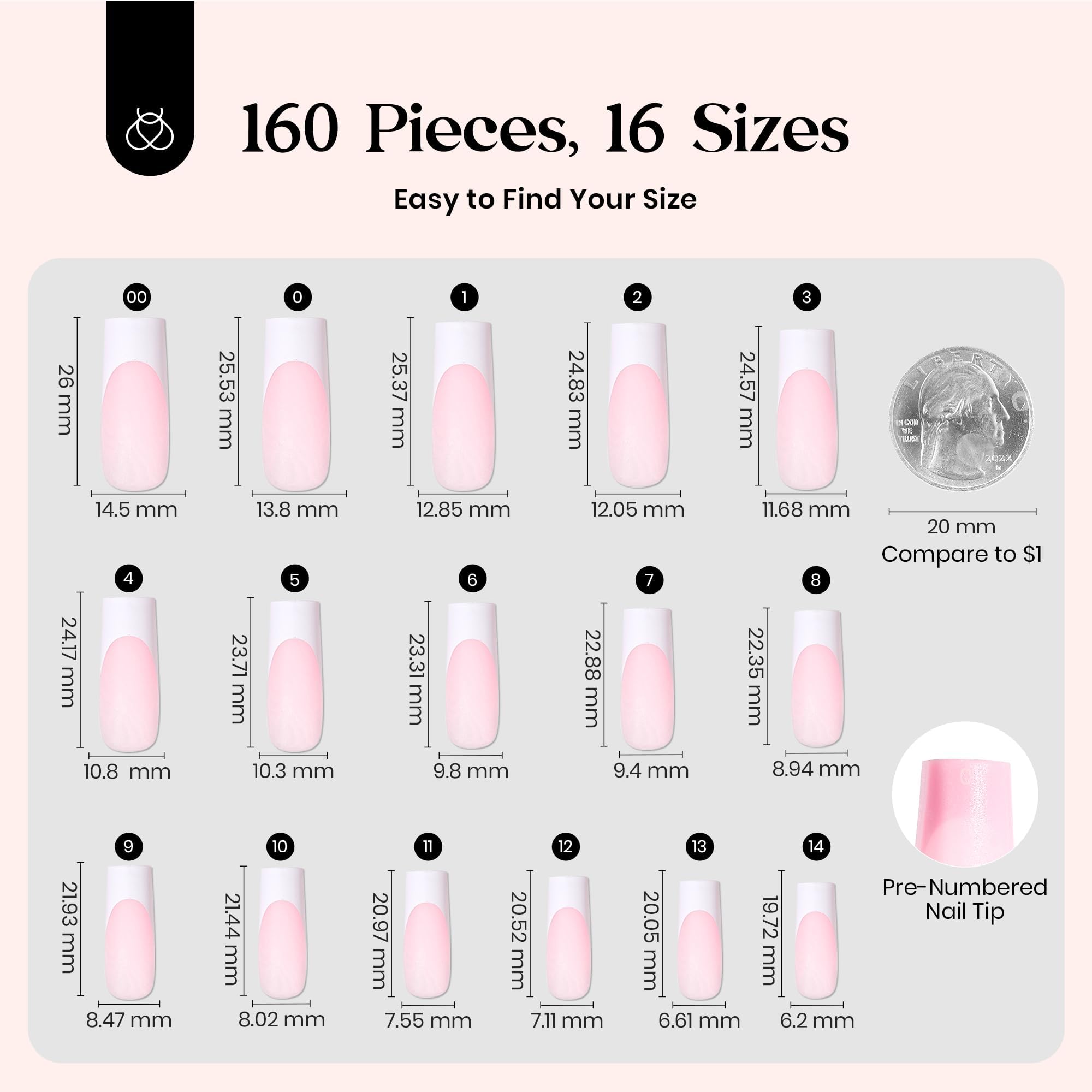 Beetles French Tip Press on Nails Long Square Salon Quality - White French Pink Gel Nail Tips 15 Sizes