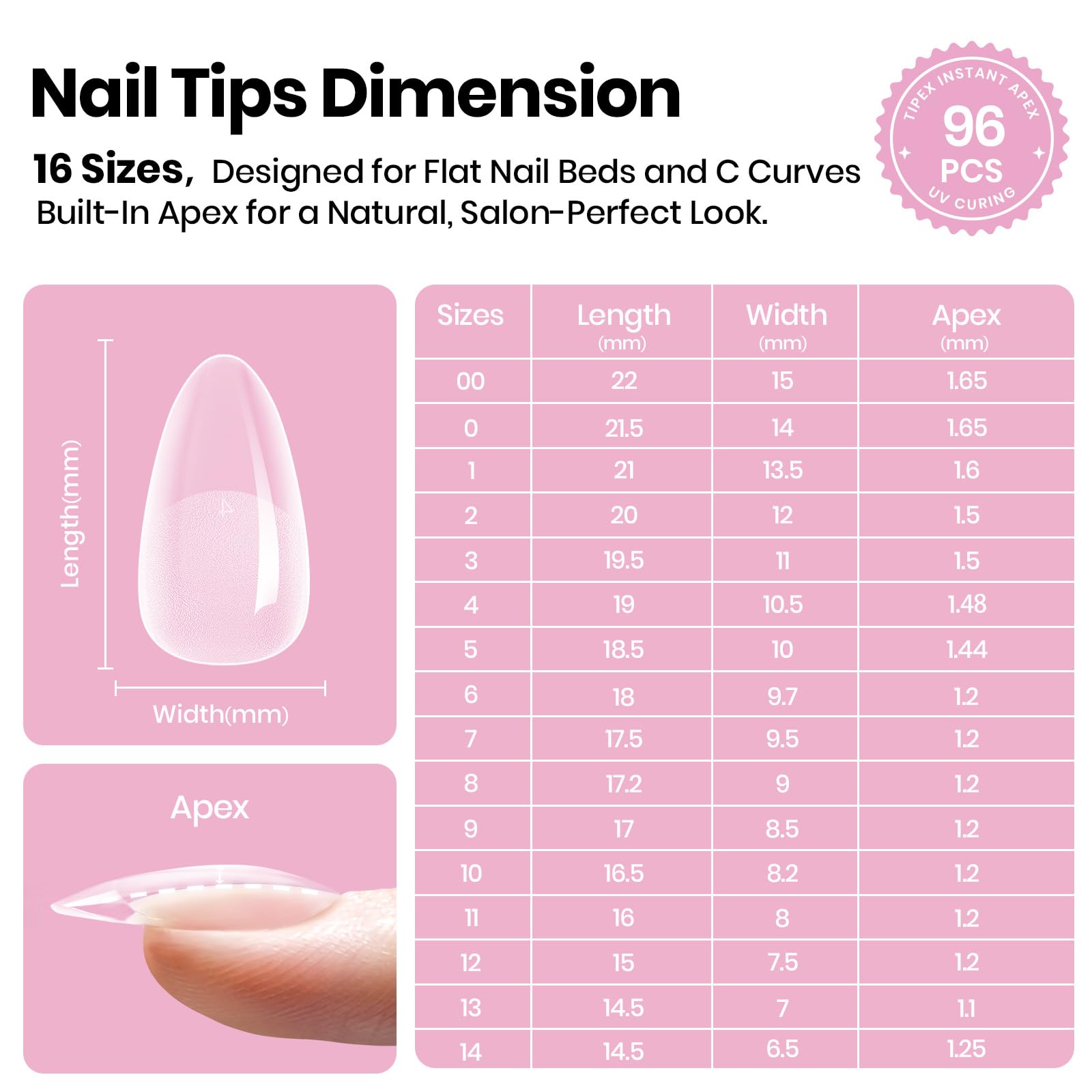 Beetles Tipex Lite Apex Nail Tips Almond Short - 96 pcs 16 Sizes