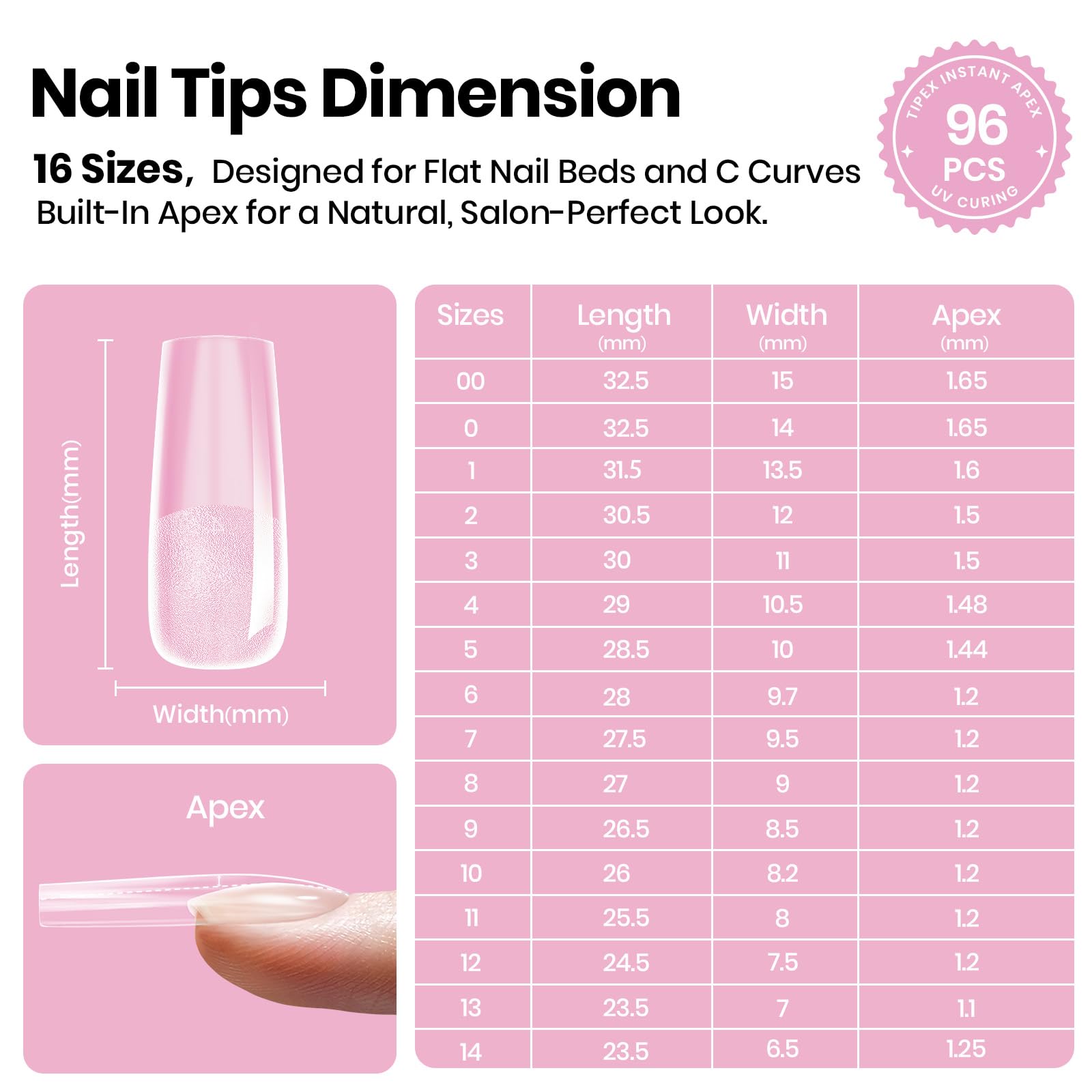 Beetles Tipex Lite Apex Nail Tips - Square Long 96pcs 16 Sizes