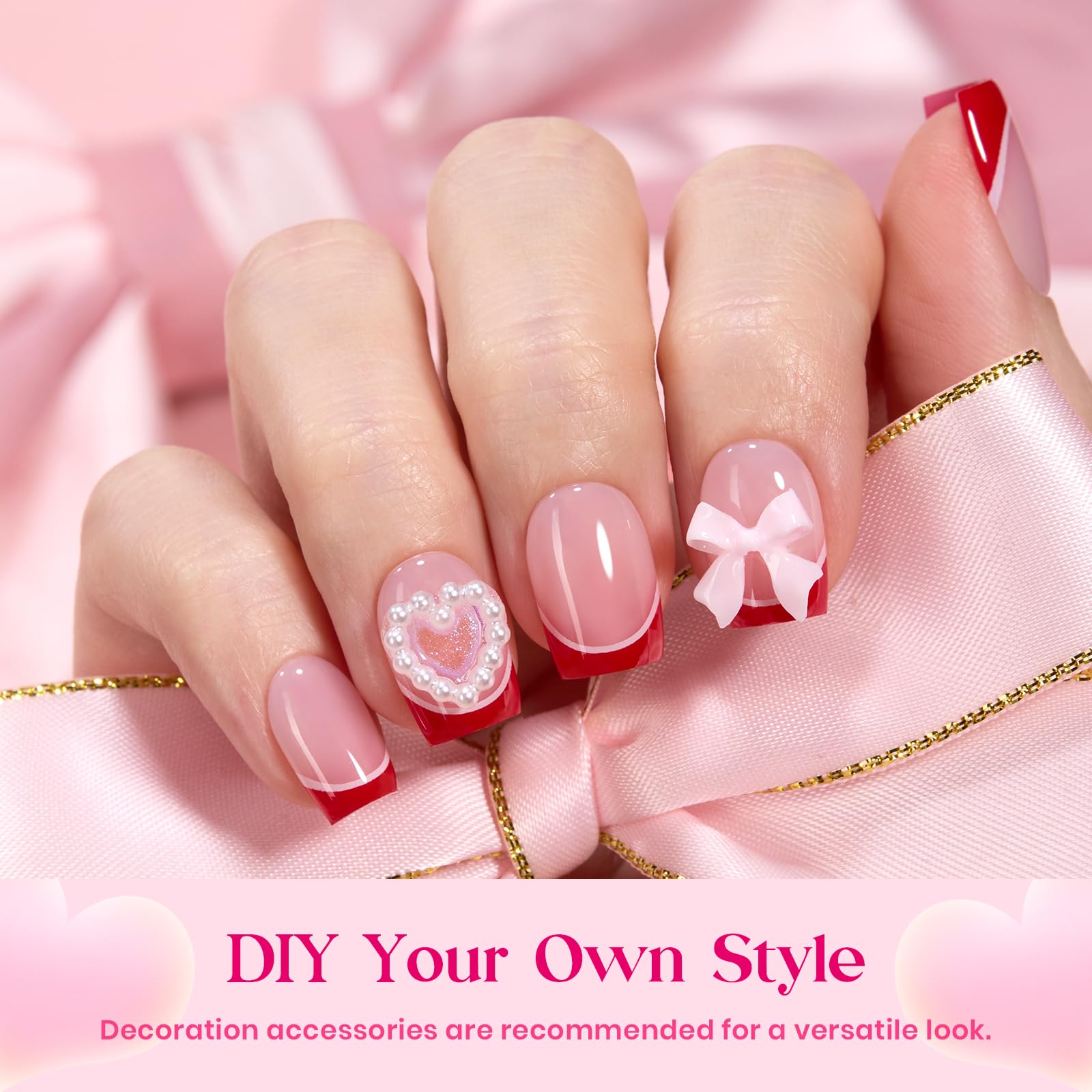 Beetles Valentine Nails Heart Whisper - 15 Sizes 180 Pcs 3 Colors Short Square French Tip Press On Nails