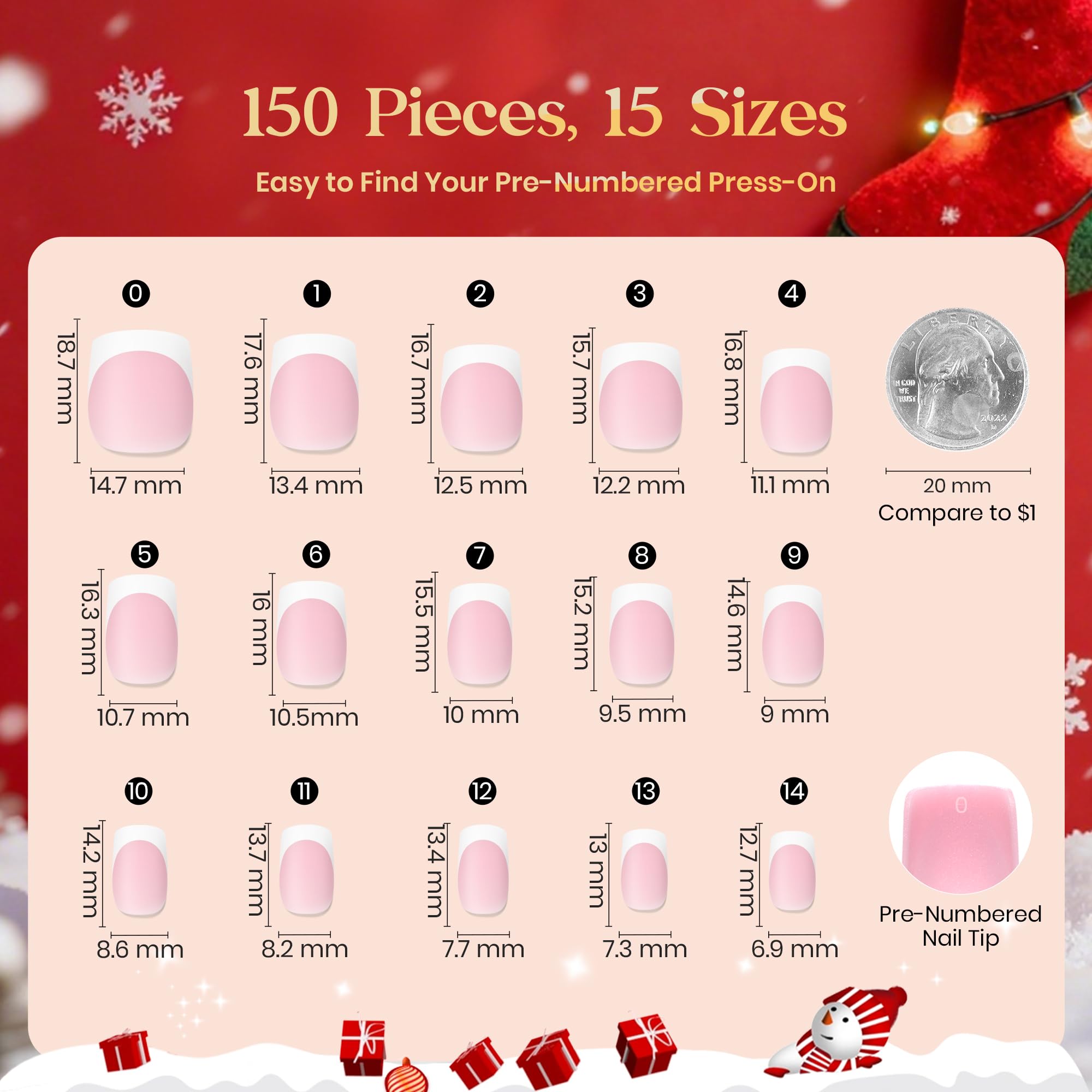 Beetles Pre-French Tips Gel Nail Tips - Pink Short Square Press 15 Sizes 150 Pcs