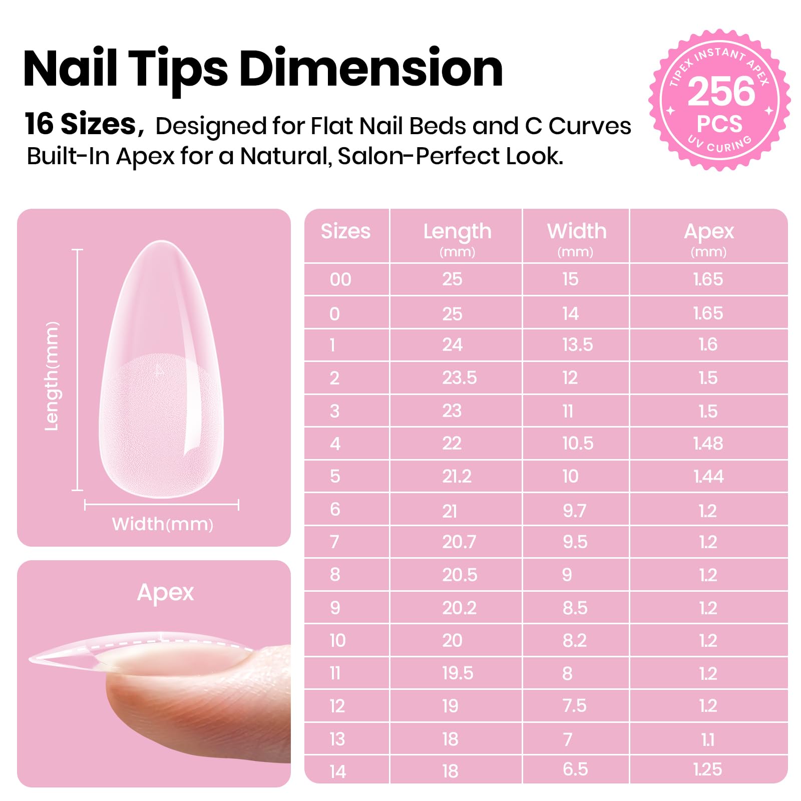 Beetles Tipex Lite Apex Nail Tips - Almond Medium 256pcs 16 Sizes