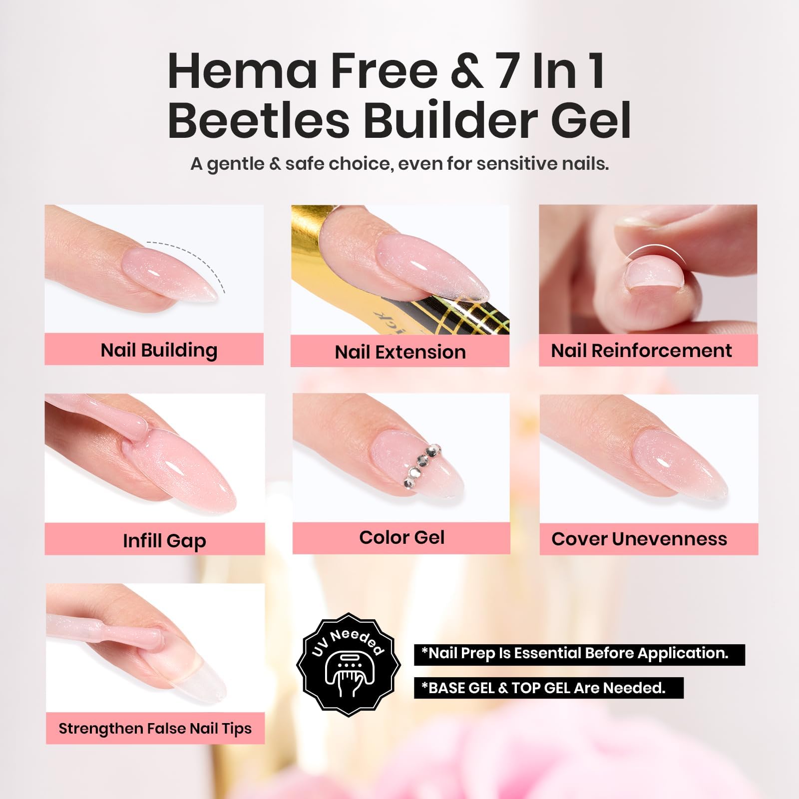 Beetles Builder Gel HEMA Free-Lady with Dreams Glitter Pink 0.51 oz 8 in 1 Nail Thickening Strengthening Building Apex for Beginner DIY Salon at Home, Pink Builder Nail Gel, UV & LED Lamp Cured