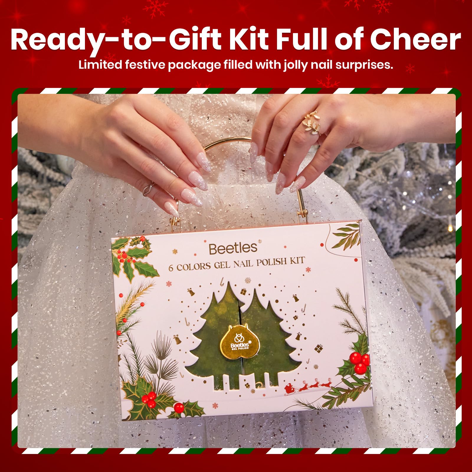 Beetles 27Pcs Christmas Gel Nail Kit Gifts - 6 Colors Red Gold Cat Eye Glitter Merry Glitz Gel Nail Polish Kit