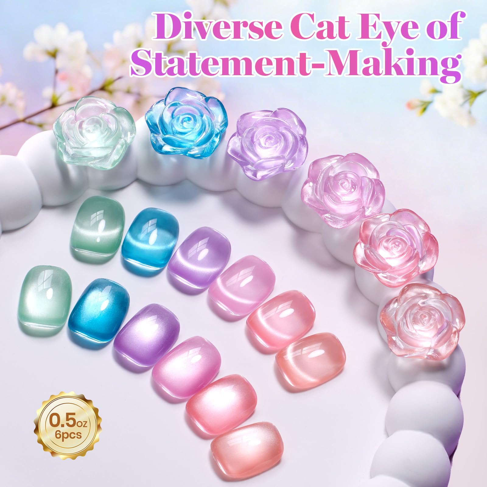 Beetles Petal Charm Cat Eye Gel Nail Polish Set - 6 Colors 15ML Spring Gel Polish Kit Glitter Pink Purple Blue Orange Red Green Magnetic Effect