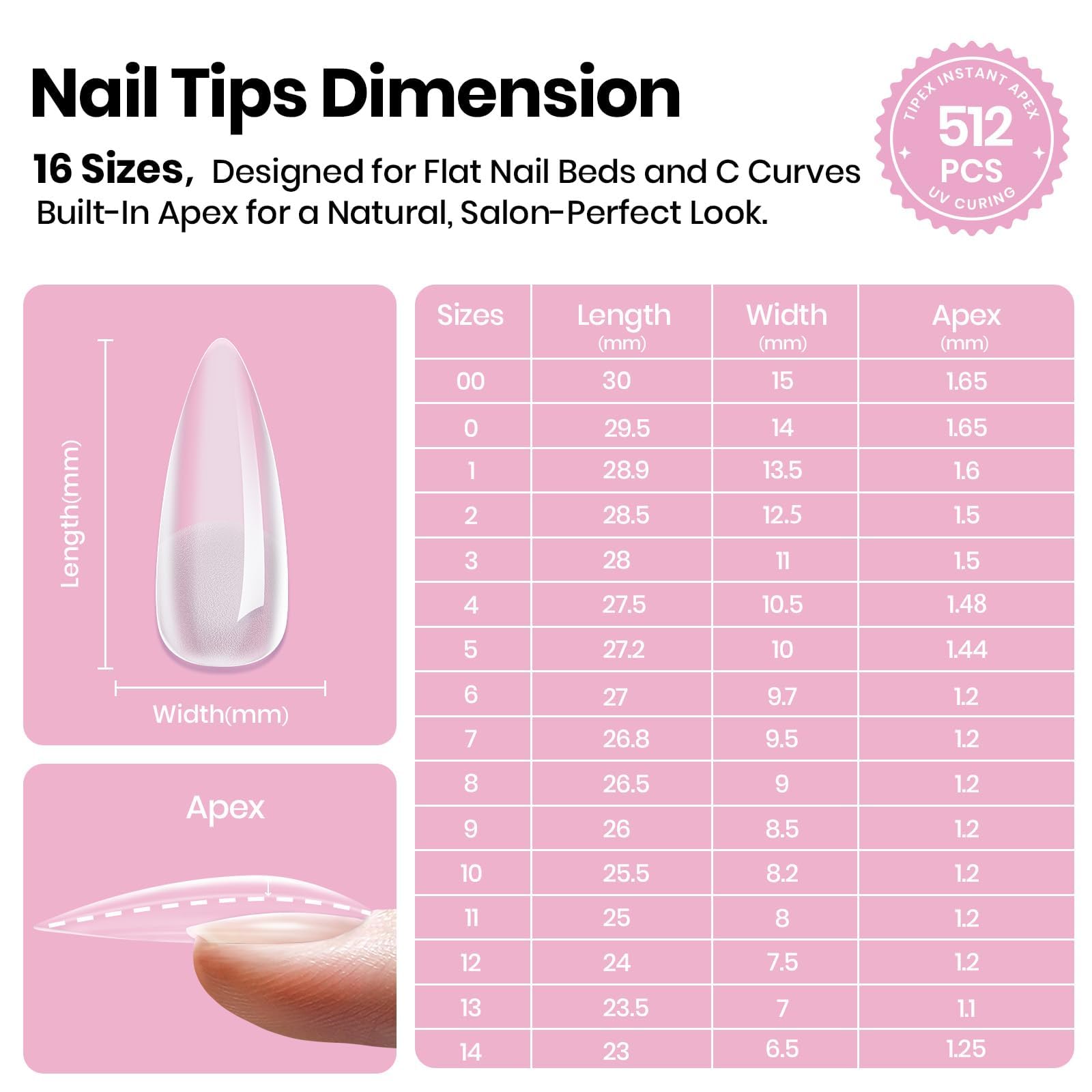 Beetles Tipex Lite Apex Nail Tips - Stiletto Medium 512pcs 16 Sizes