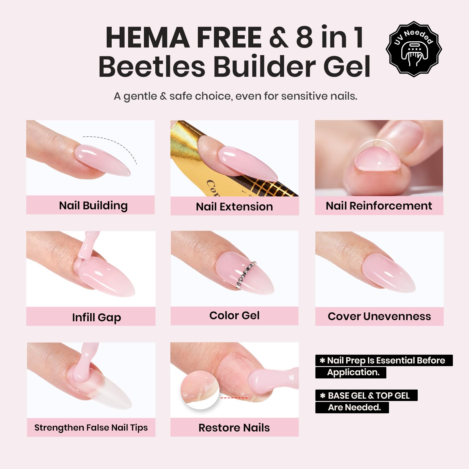 Beetles 4 Color Nude Builder Gel Set with Base Top Coat HEMA-Free 8 in 1