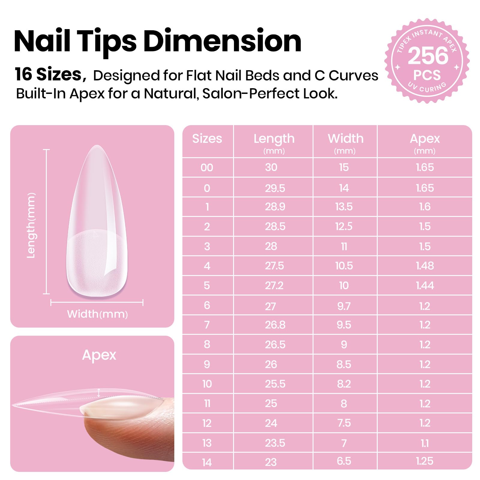 Beetles Tipex Lite Apex Nail Tips - Stiletto Medium 256pcs 16 Sizes