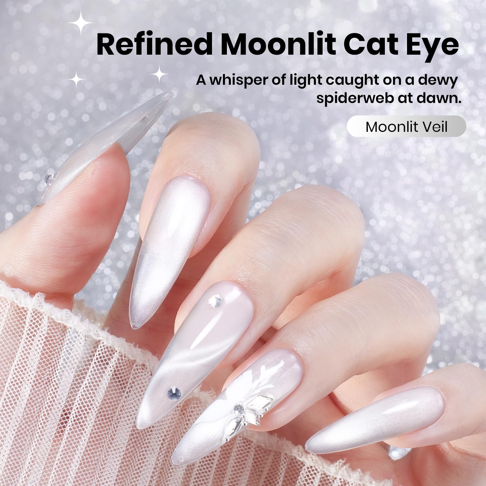 Beetles Moonlit Veil Silver HEMA FREE Cat Eye Gel Nail Polish - 15ML Glassy Silver Glitter Gel Polish