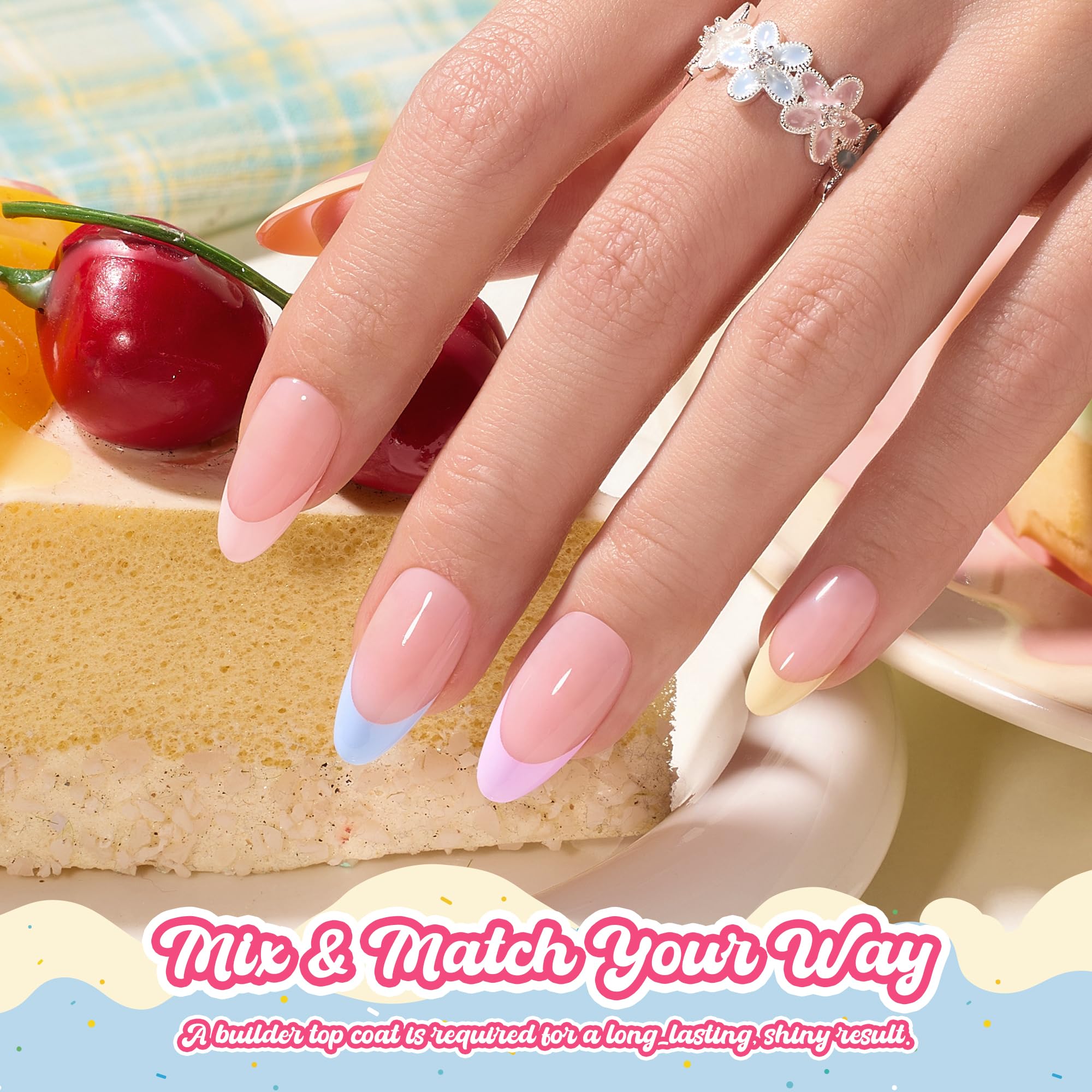 Beetles French Tips Press On Nails, Pastel Spring Nails Medium Almond 6 Colors 192 Pcs, Spring Fake Nail Tips