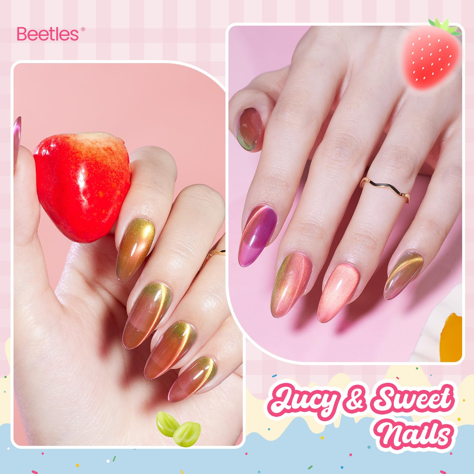 Beetles Fruit Magnet Cat Eye Gel Nail Polish Set - Spring Nails 6 Colors Spring Gel Polish Kit Glitter Cat Eye