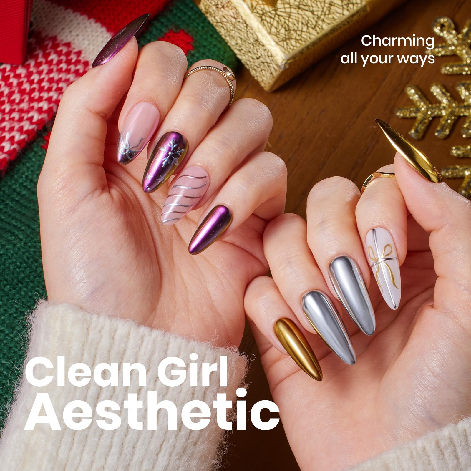 Beetles Chrome Nail Powder Christmas 8 Colors Mirror Effect Gold Silver Holographic Aurora Iridescent Pearl Manicure Nail