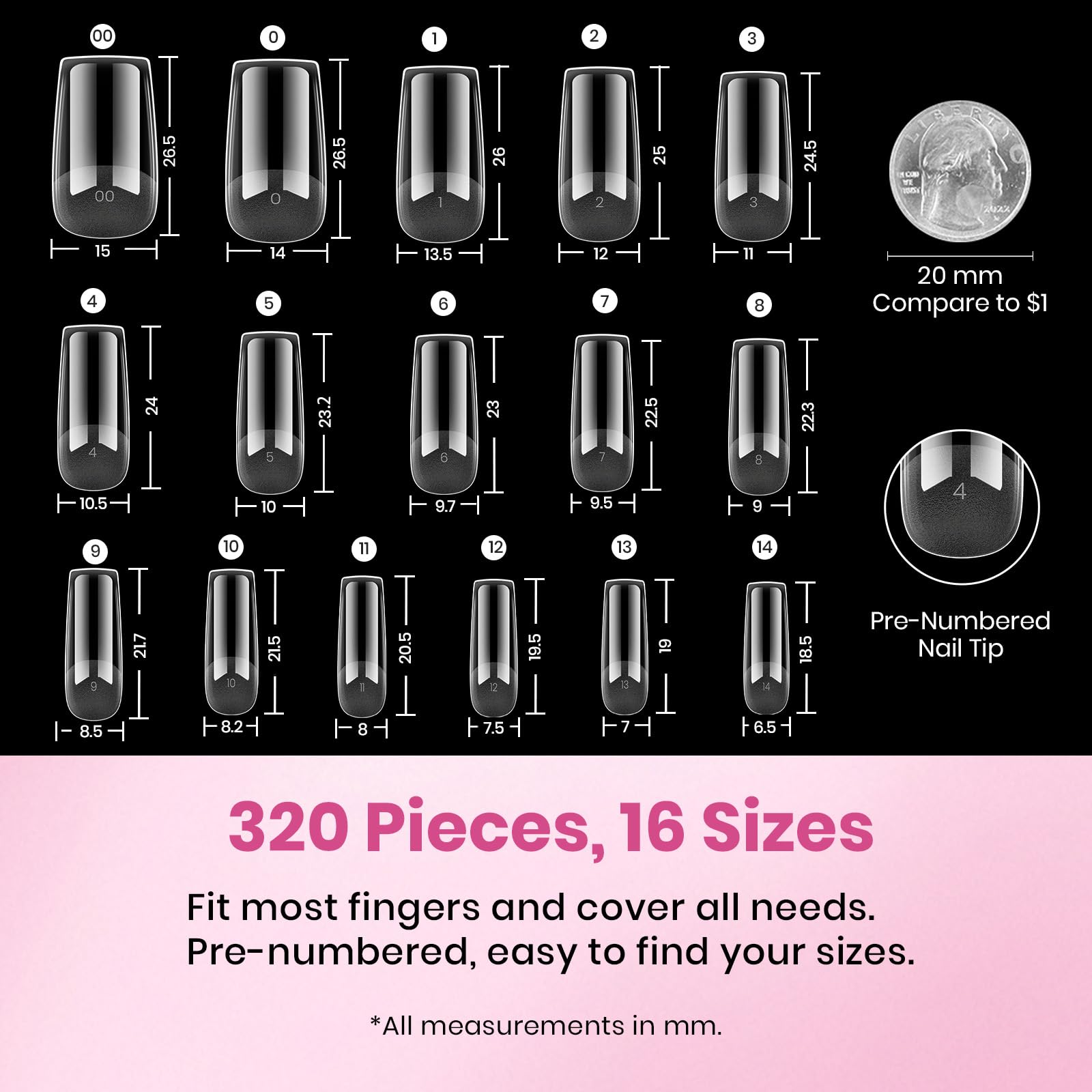 Beetles Gel Nail Tips Flat-X- Square Medium 320pcs 16 Sizes(00-14) Pre-Etched Half Matte Full Cover Soft Gel Tips