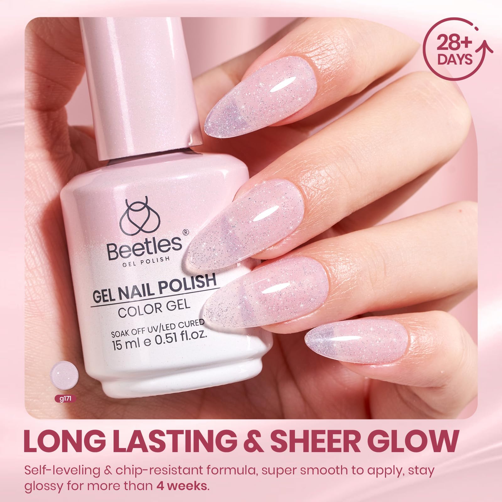 Beetles Glitter Pink Gel Nail Polish -  Valentines Nails 15ML Soft Glow Fragments Pink Nude Natural Glitter Gel Polish