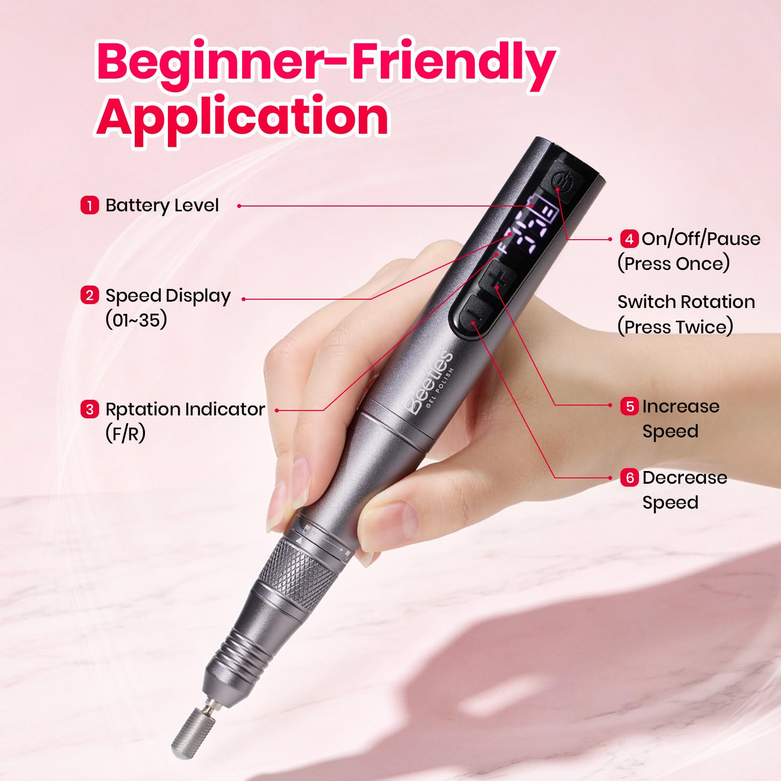 Beetles Electric Cordless Nail Drill Kit 6 Drill Bit 35 Speeds 0-15000 RPM Rechargeable Beginner-Friendly