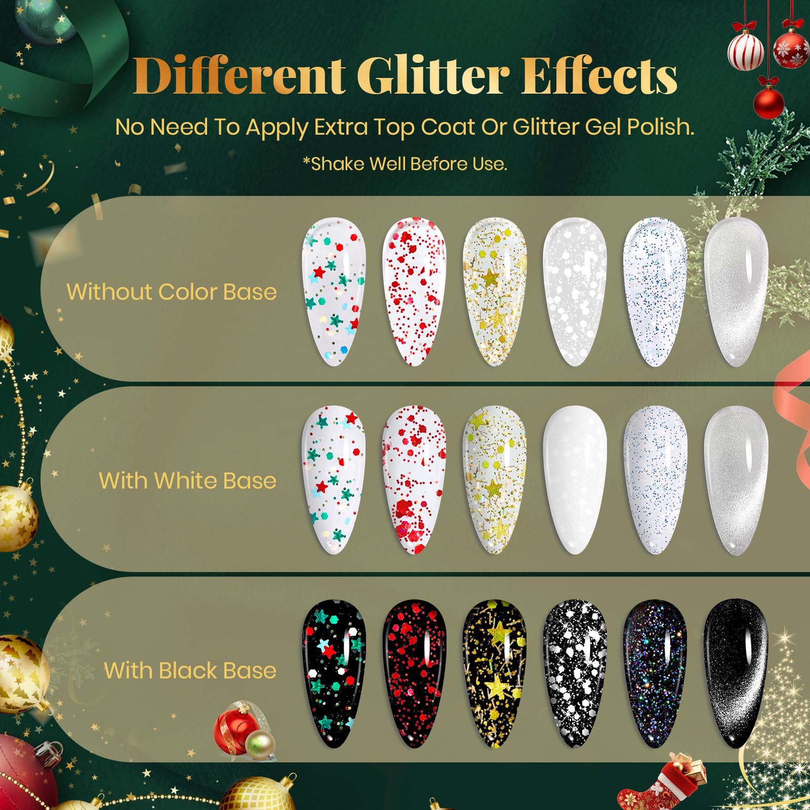 Beetles Christmas Limited Gel Top Coat Set - 6Pcs 10ml Winter Sparkle Glitter Cat Eye Top Coat Gel Nail Polish