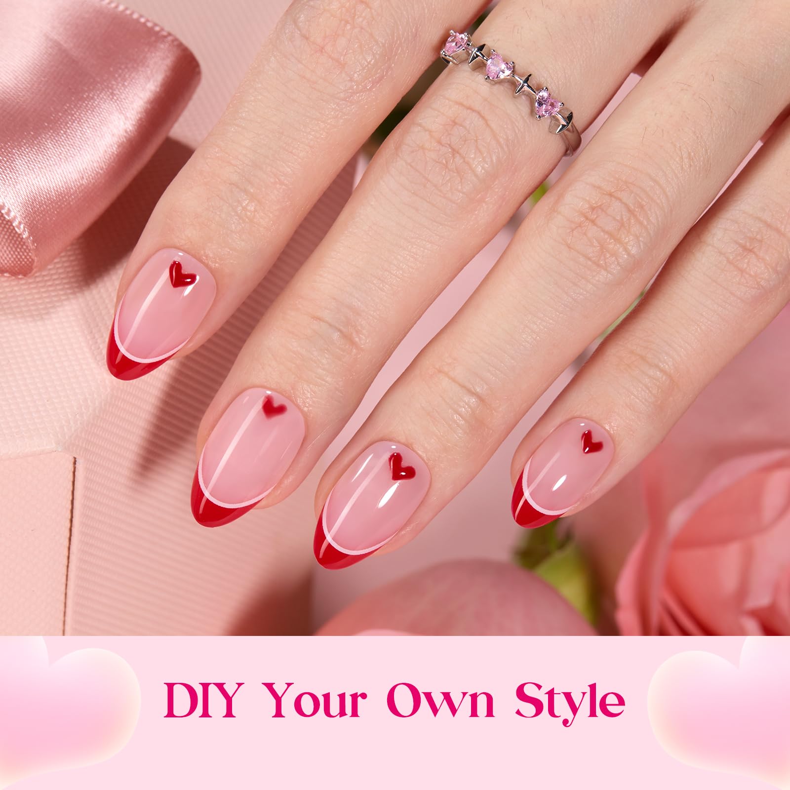 Beetles Valentine Nails Press Romantic Dream - 192 Pcs 16 Sizes 3 Colors Short Almond French Tip Press On Nails