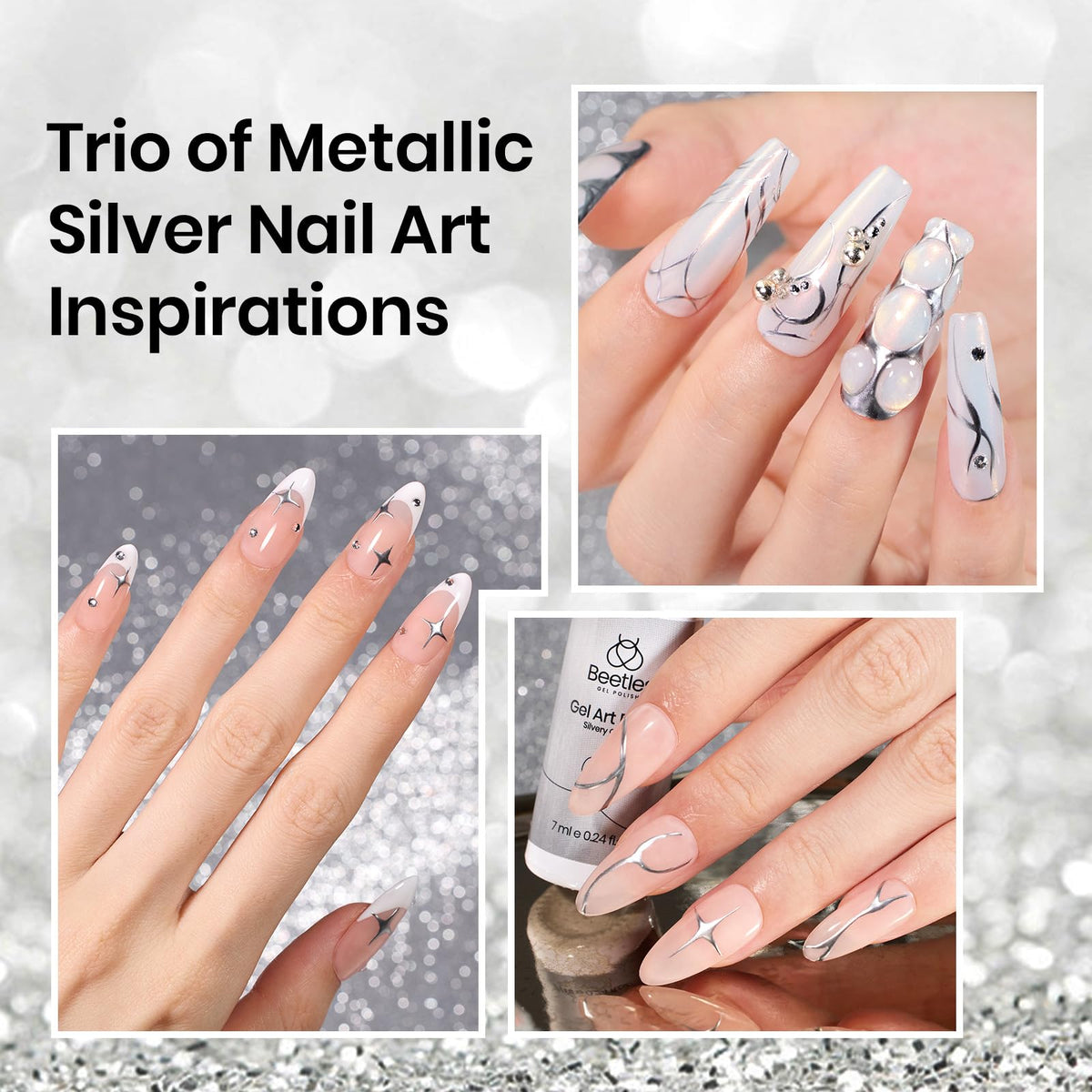 Beetles Metallic Silver Liner Gel Nail Art 7ml French Tip Gel Nail Polish