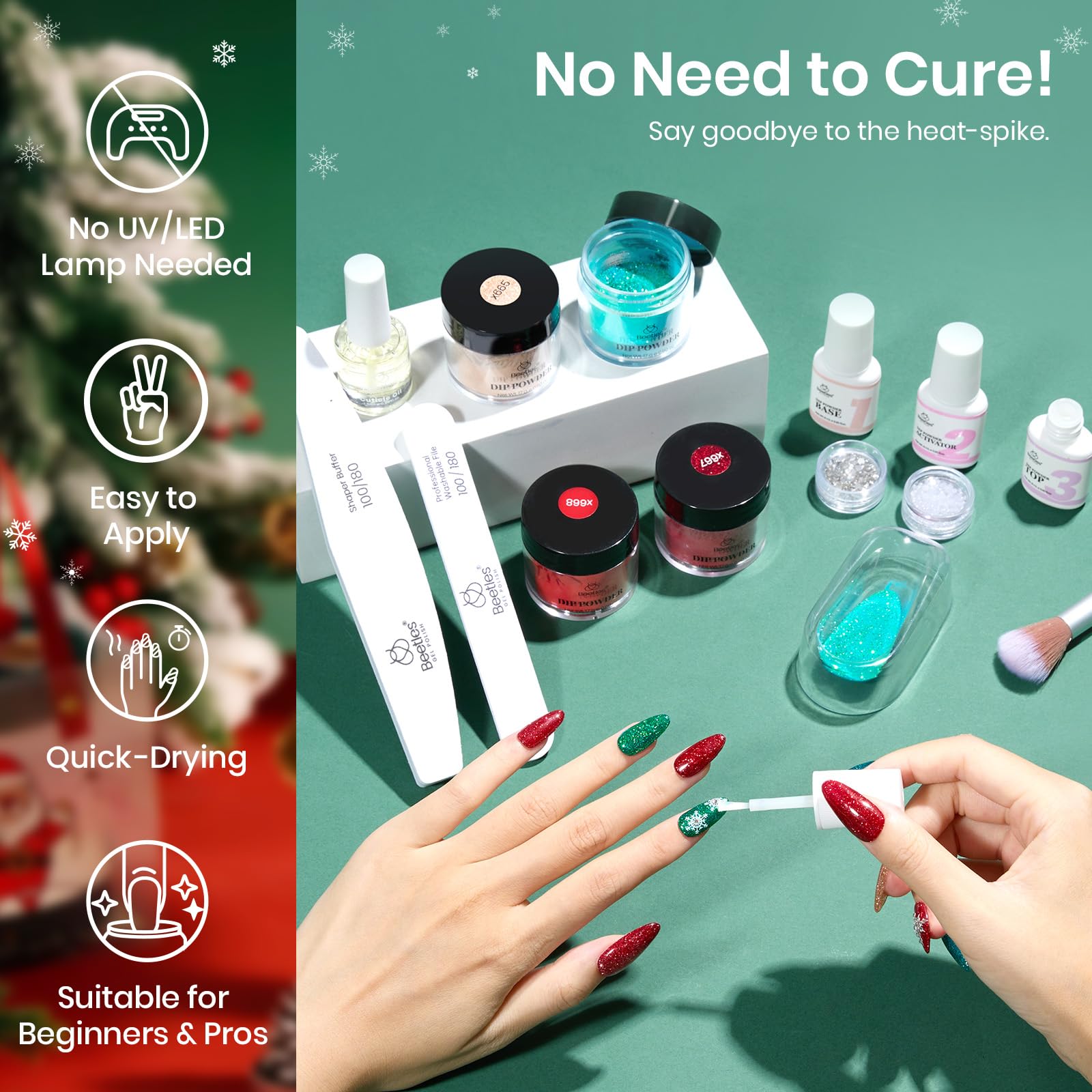 Beetles Christmas Dip Powder Nail Kit - Winter Colors Red Green Glitter Golden Dipping Powder with Liquid Set