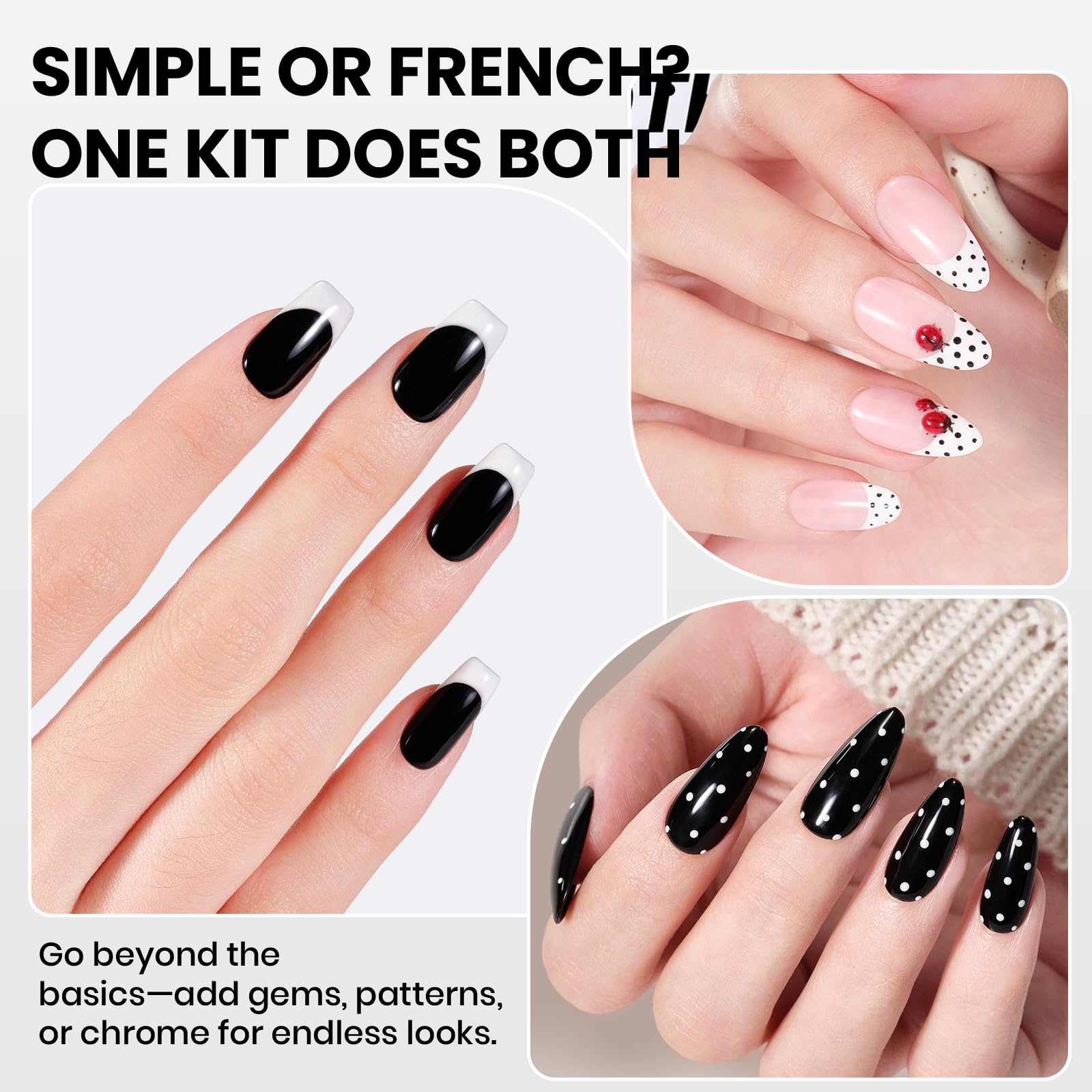 Beetles Black White Gel Polish Kit - Twin Dialogue Collection, 4pc 10ML French Nail Kit Hema-Free Black and White Colors with Base Top Coat