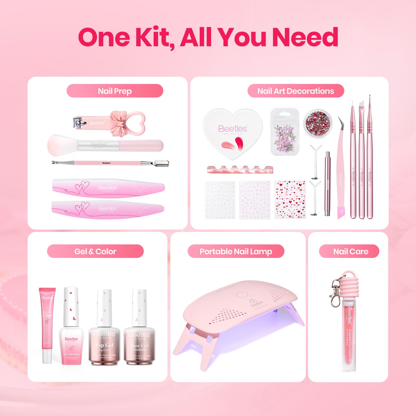 Beetles Gel Nail Starter Kit 6 Colors Red Cat Eye Gel Pink Jelly Glitter 30 Pcs All-in-One Mani Kit