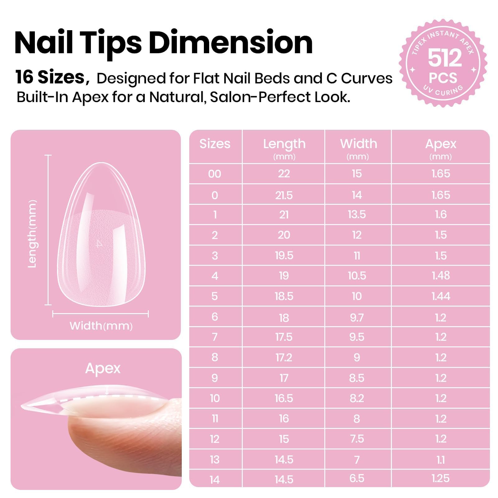 Beetles Tipex Lite Apex Nail Tips - Almond Short 512pcs 16 Sizes