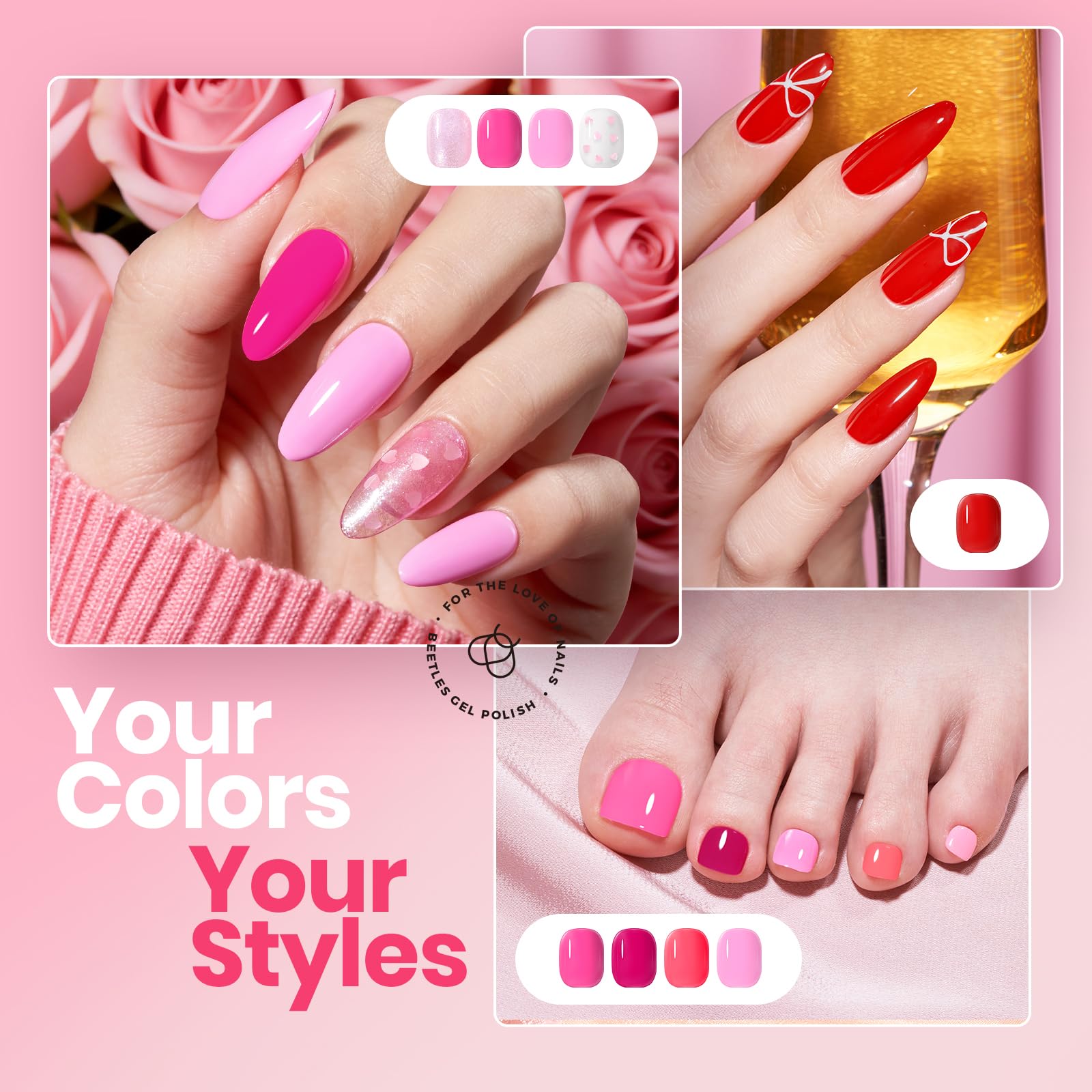 Beetles Pink Nail Polish Set - Love's Prism 12 Colors Valentine Nails Quick Dry Nail Polish Set