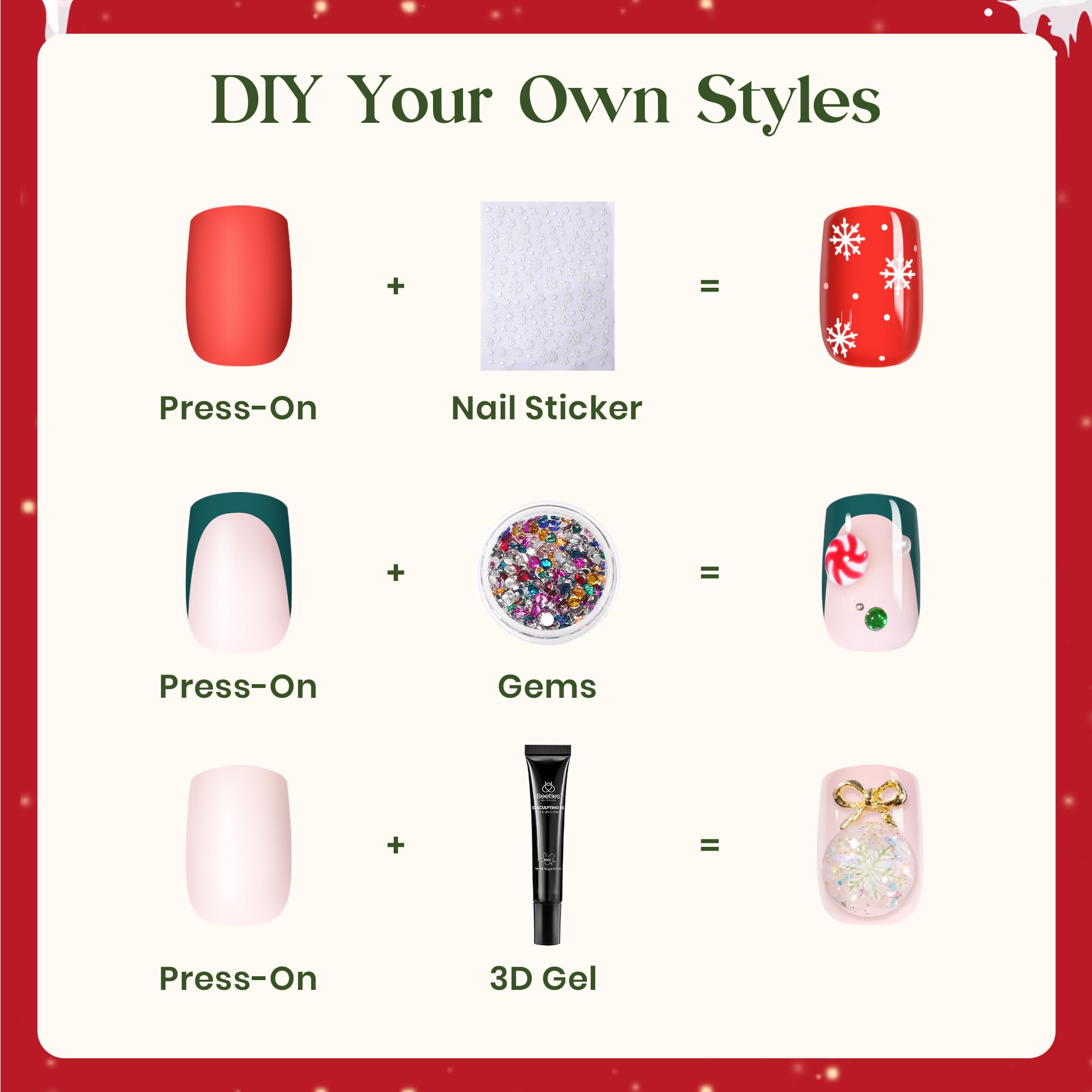 Beetles X Press Plus Gel Nails Kit Christmas Glitz - 7 Desgin Christmas Press On Nails Short Square 224Pcs 16 Sizes