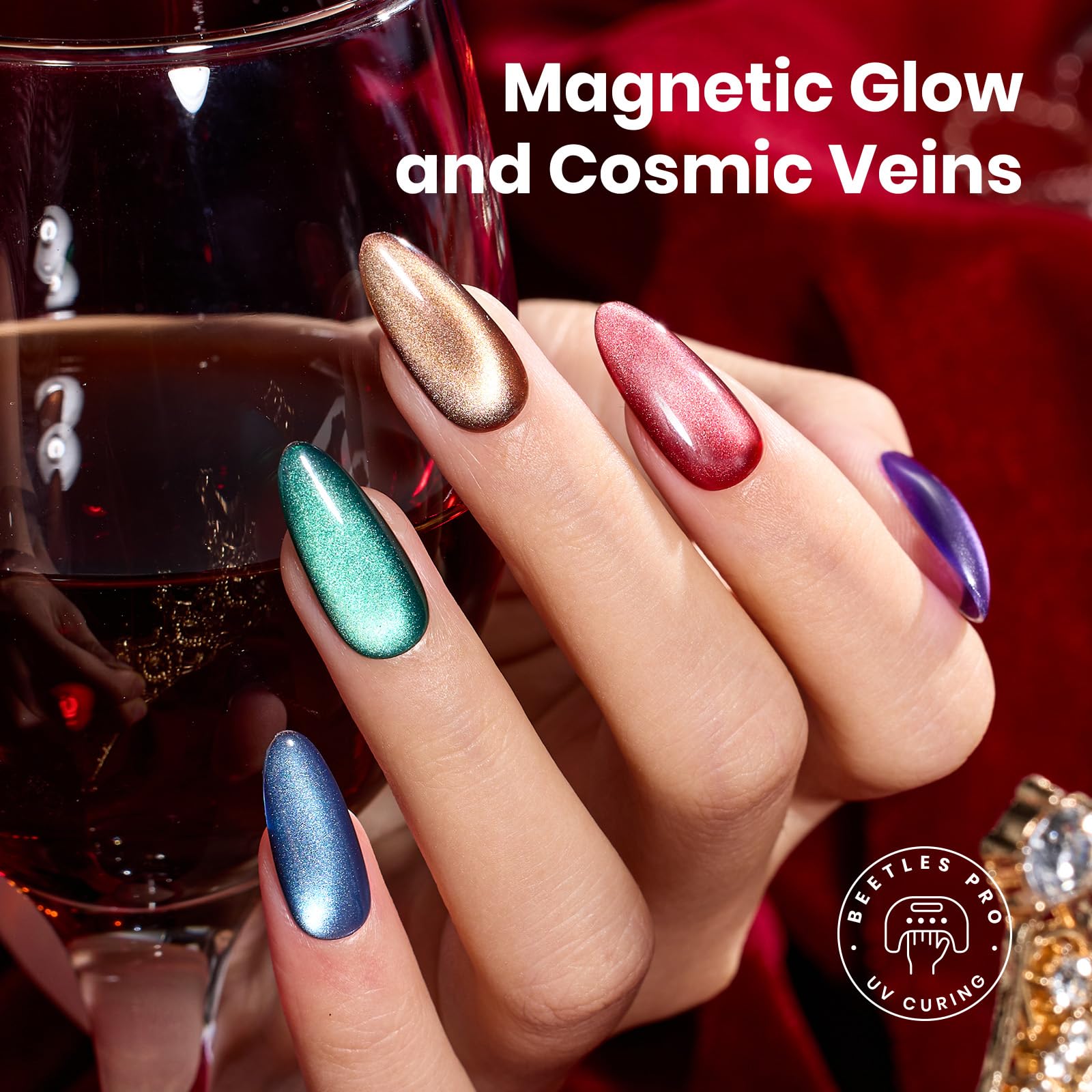 Beetles Cat Eye Gel Nail Polish Set - 6 Colors 15ML Glitter Gel Polish Kit Red Pink Brown Burgundy Purple Blue Green