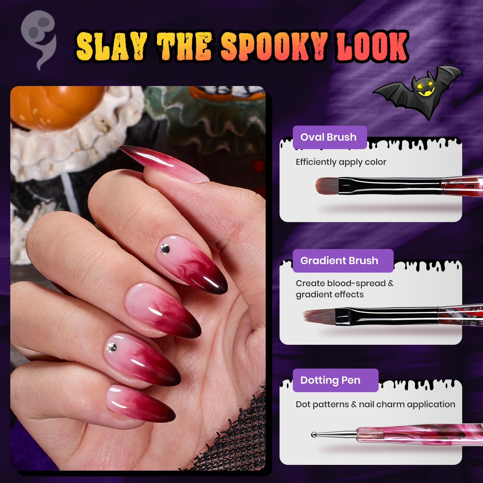 Halloween Nail Art Brushes - 6pcs Nail Art Pens with Pumpkin Palette Holder Halloween Charms