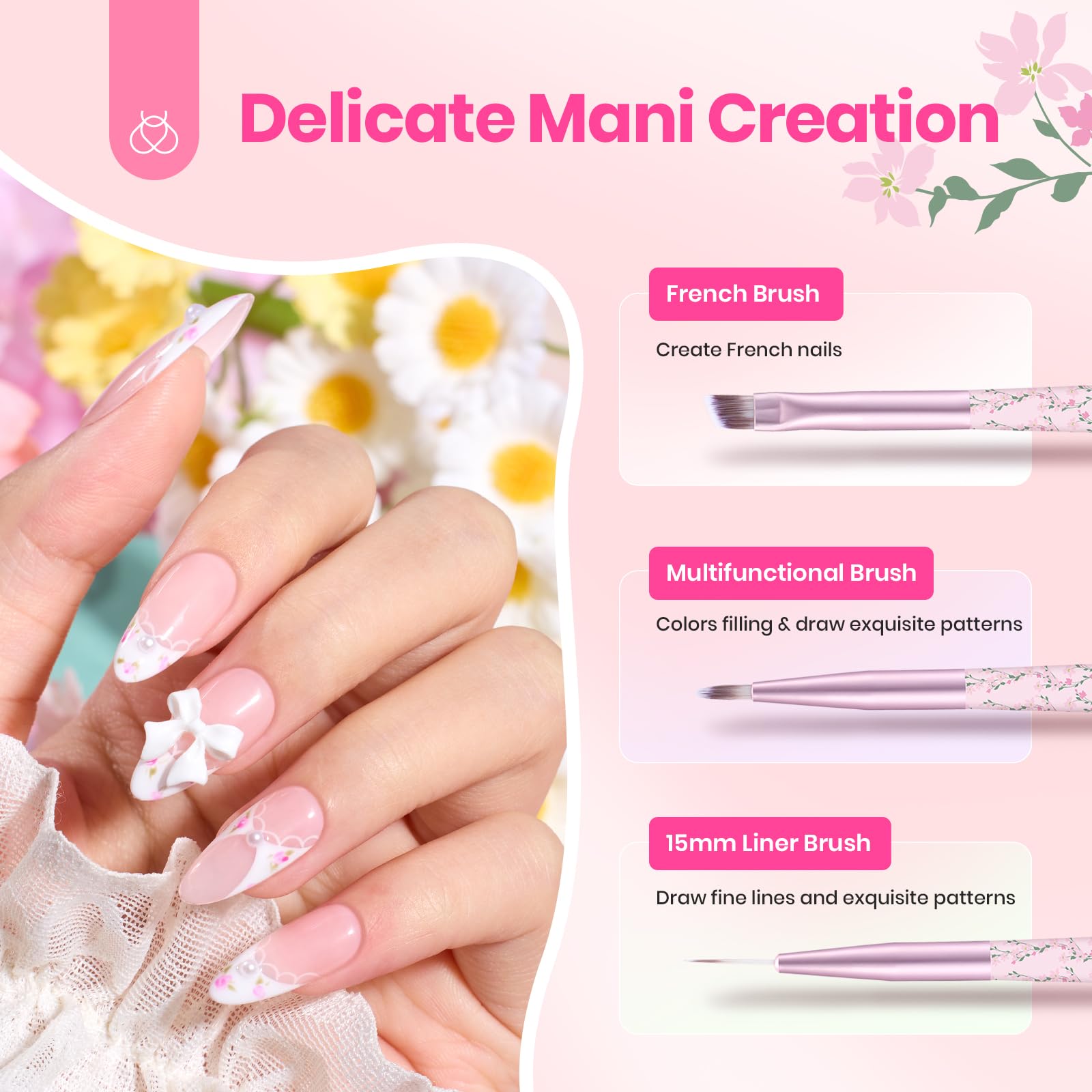 Pink Color Gel & Floral Nail Brushes: Precision Gel Application